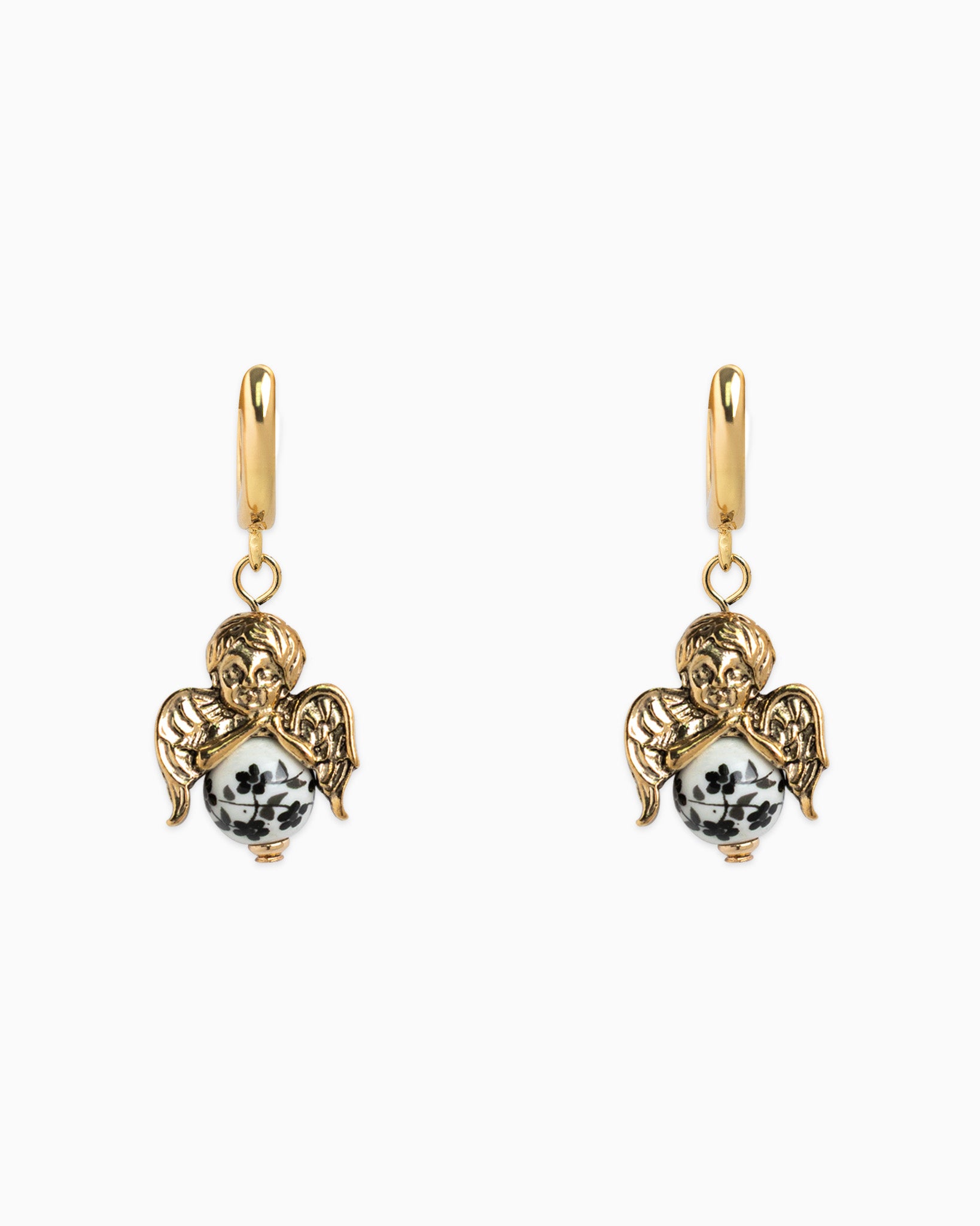 Antique Ceramic Angel Drop Hoop Earrings – Black