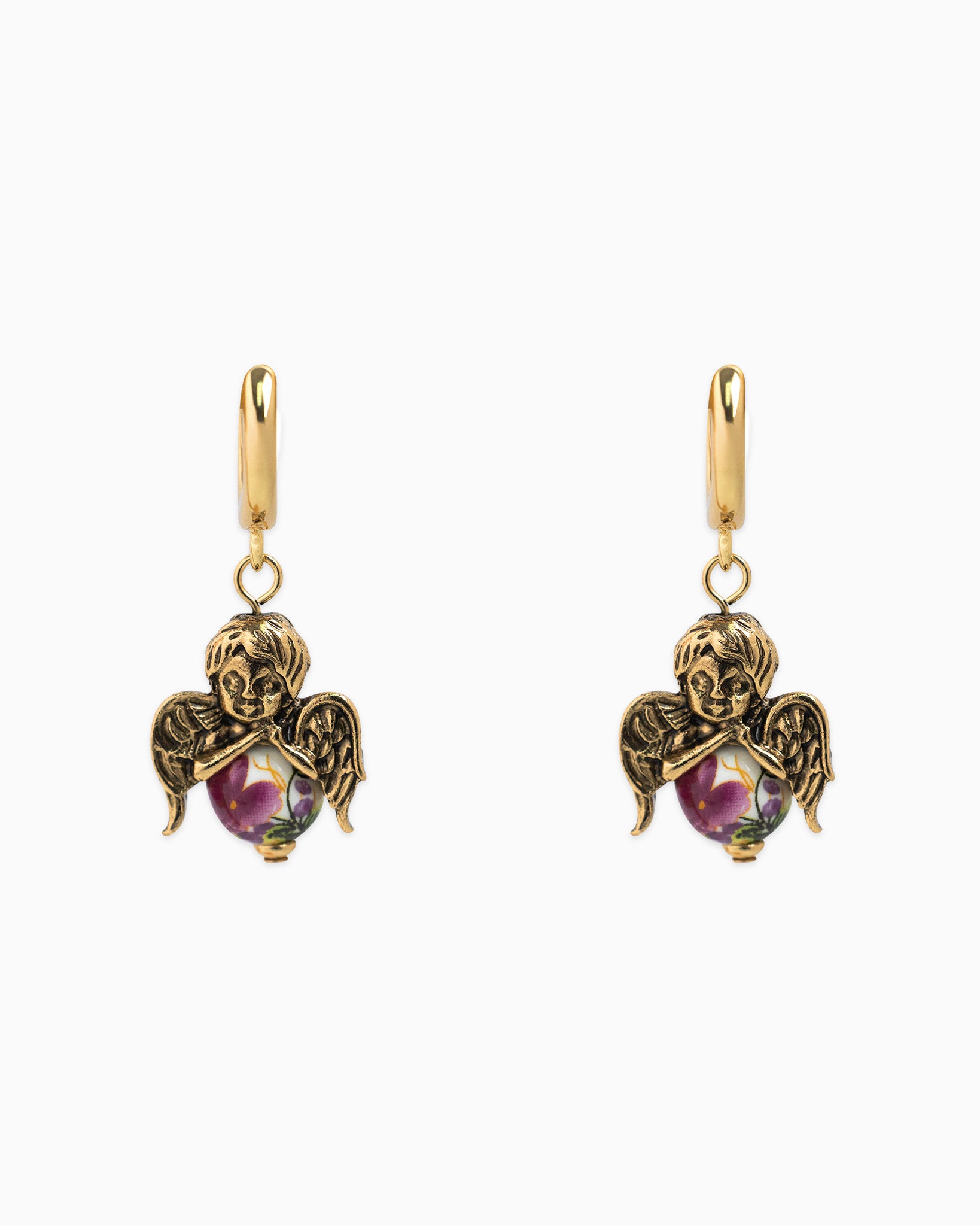 Antique Ceramic Angel Drop Hoop Earrings