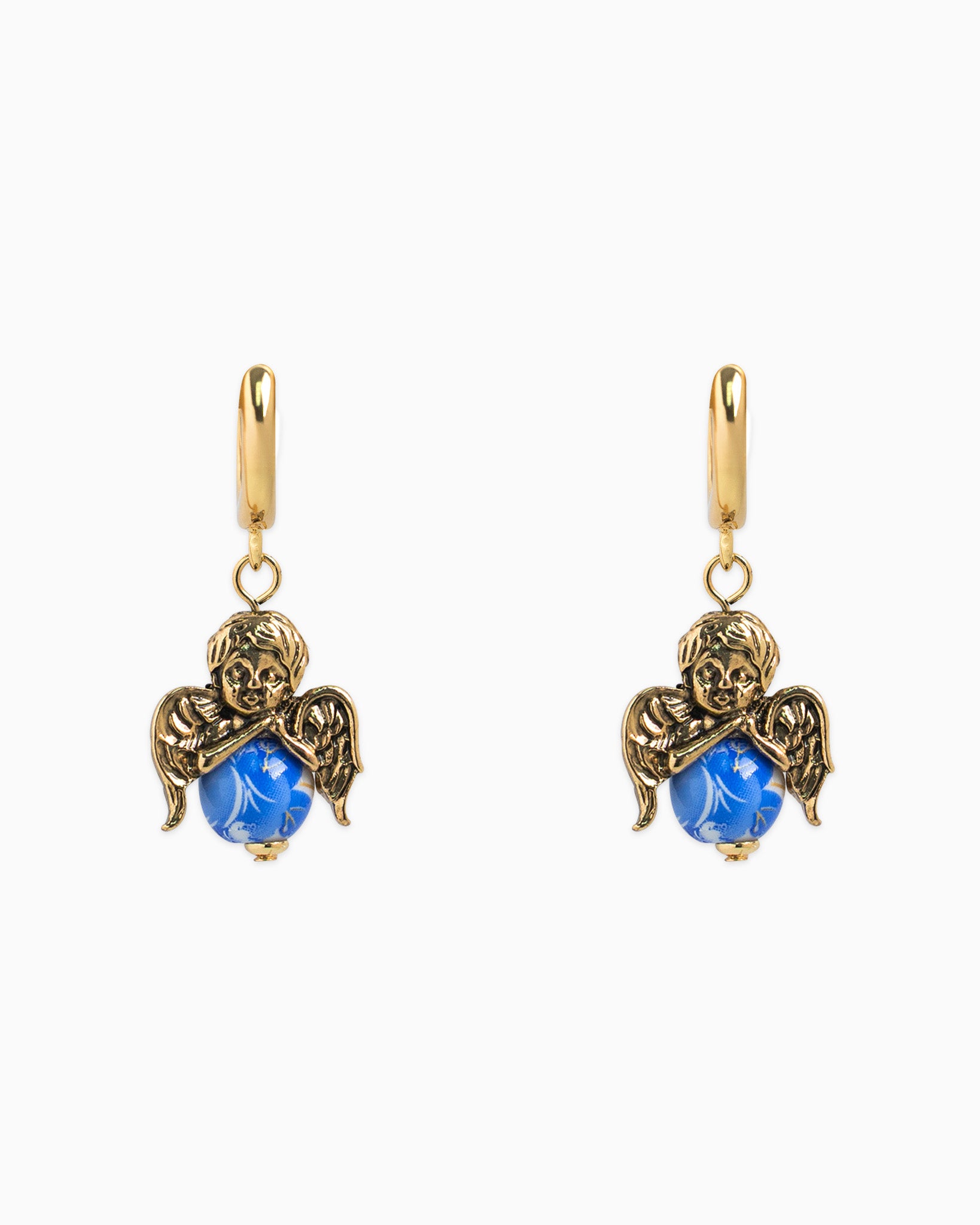 Antique Ceramic Angel Drop Hoop Earrings