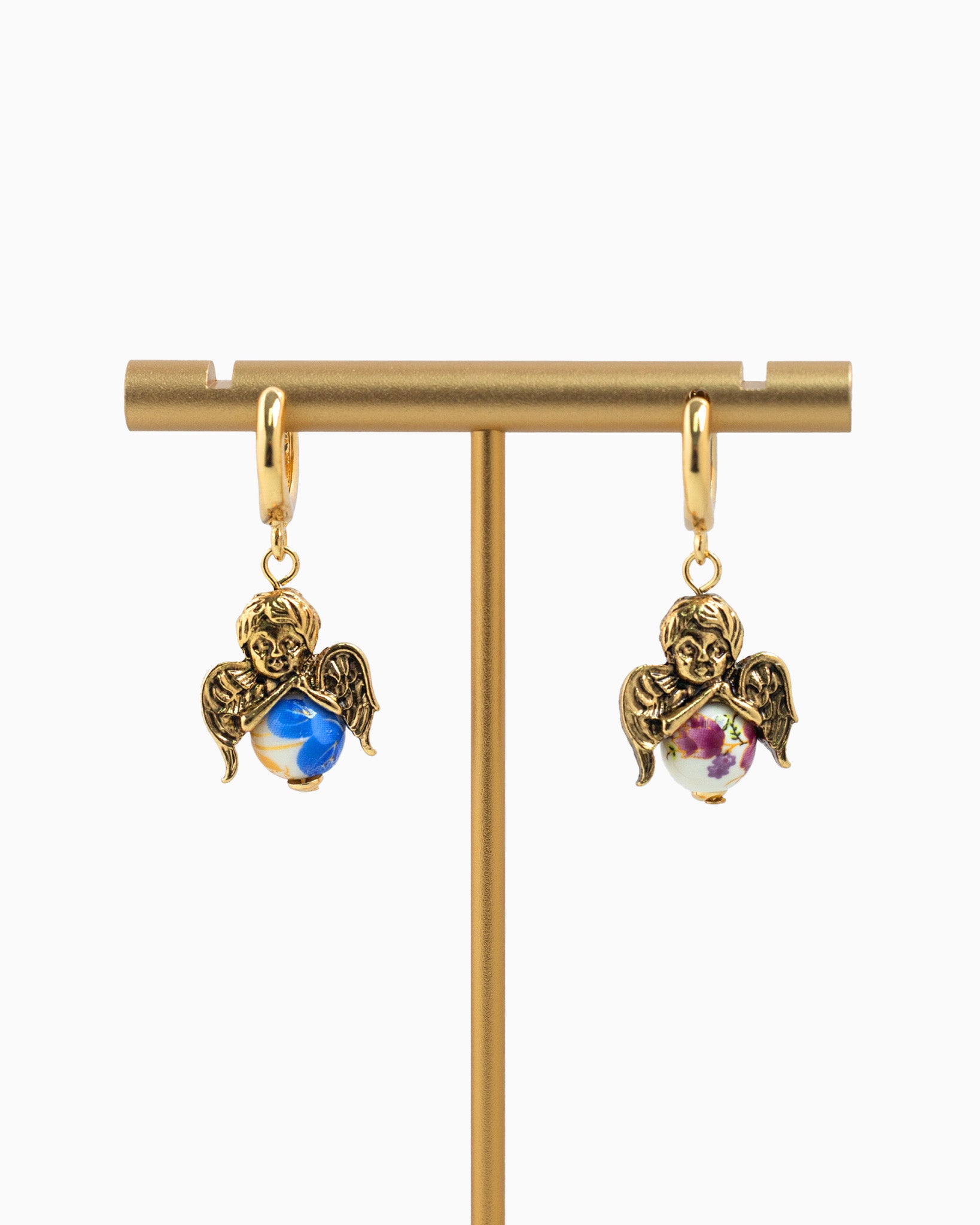 Antique Ceramic Angel Drop Hoop Earrings – detail view