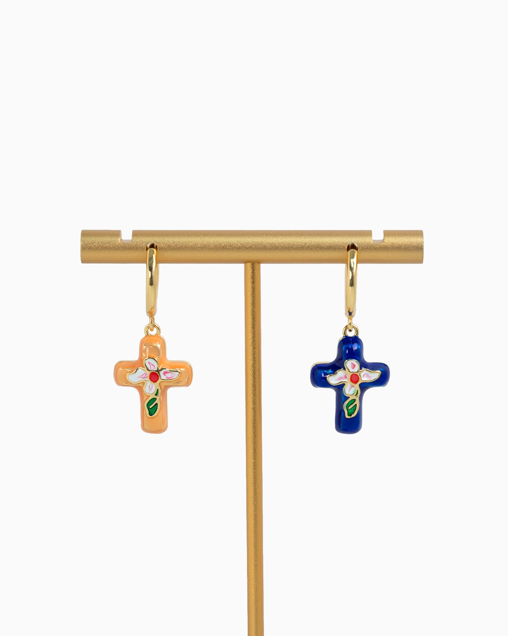 Porcelain Inspired Vintage Floral Cross Earrings