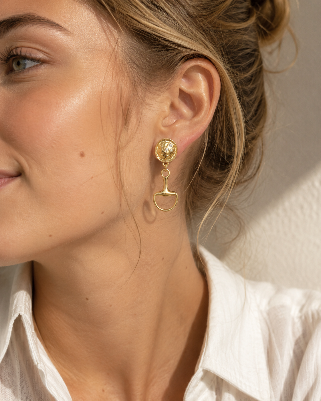Hammered Stone Horsebit Drop Earrings-3