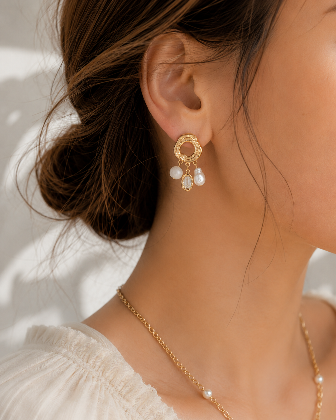 Organic Gem Stone Baroque Pearl Charm Drop Earrings-2