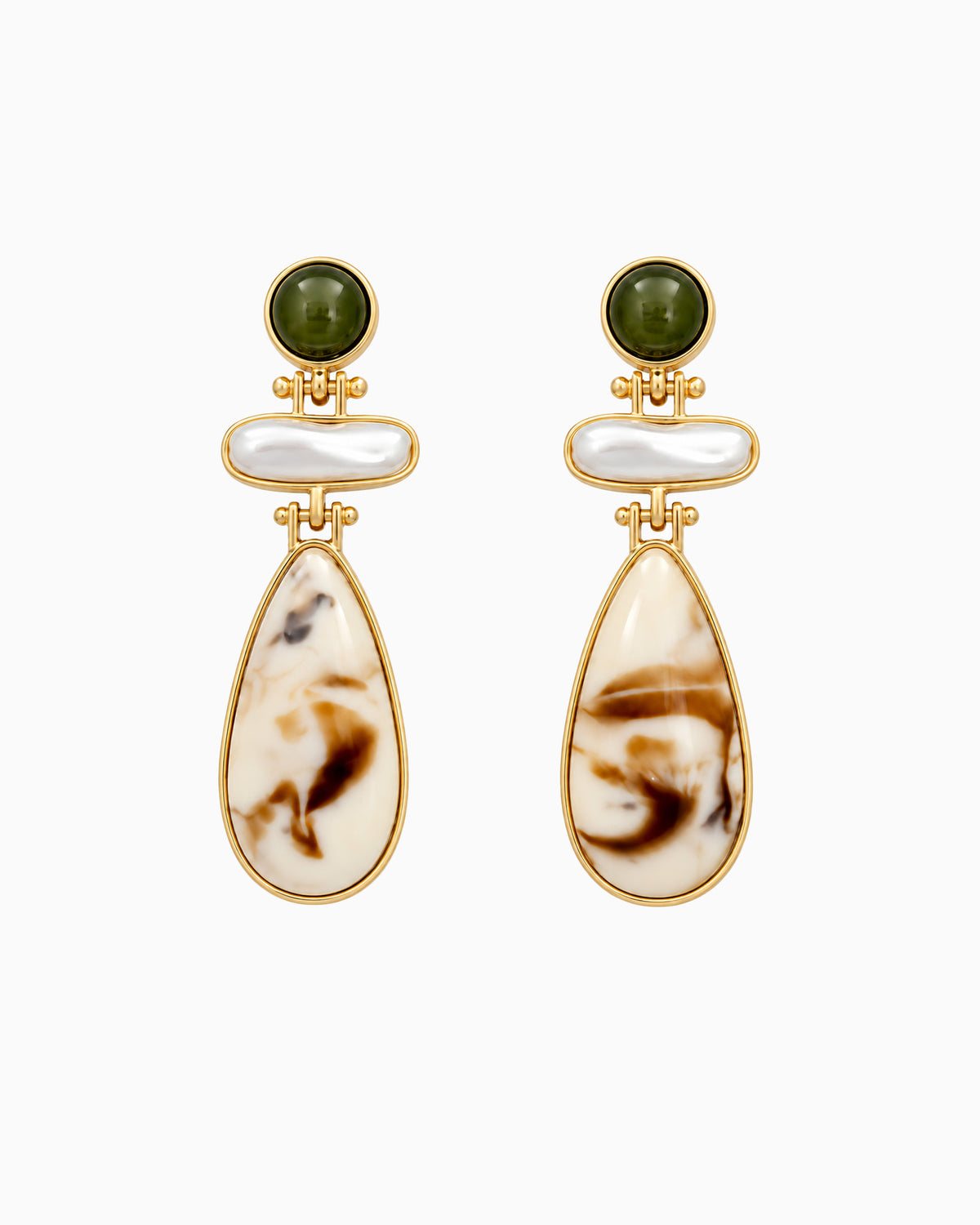 Organic Color Stone Pearl Link Drop Earrings