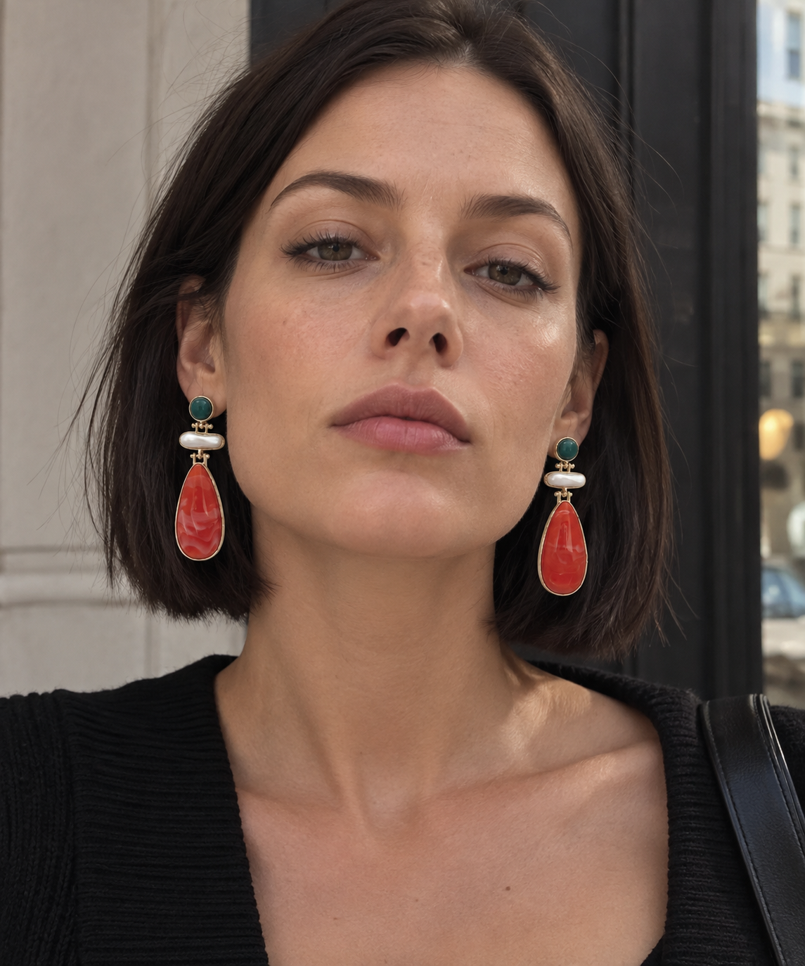 Organic Color Stone Pearl Link Drop Earrings