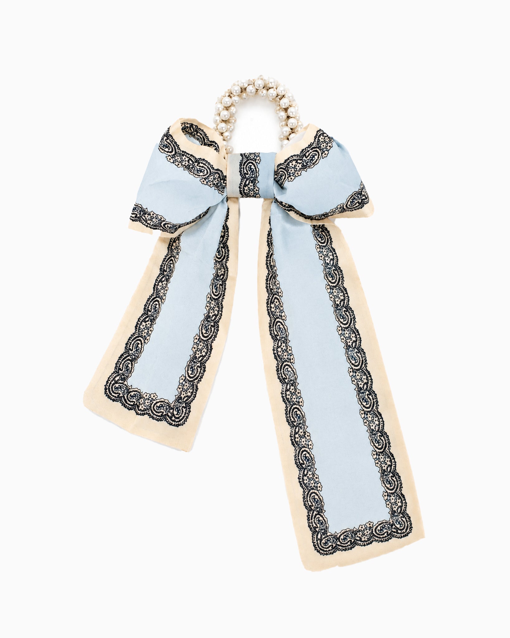 Pearl Beaded Long Bow Hair Tie in the blue paisley print — pearl-beaded ring with a long printed bow