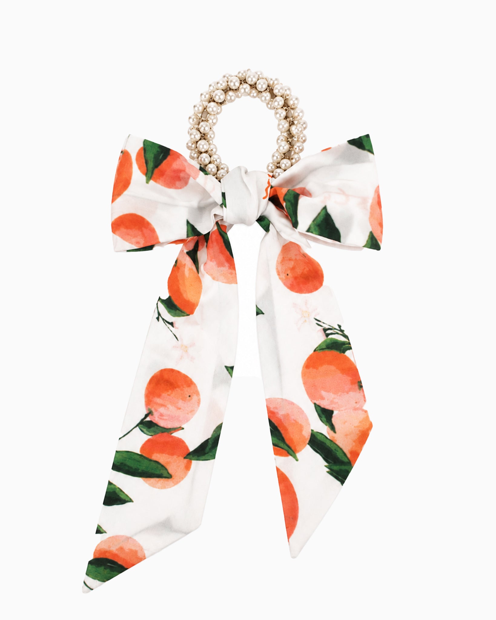 Pearl Beaded Long Bow Hair Tie in the peach print — pearl-beaded ring with a long printed bow