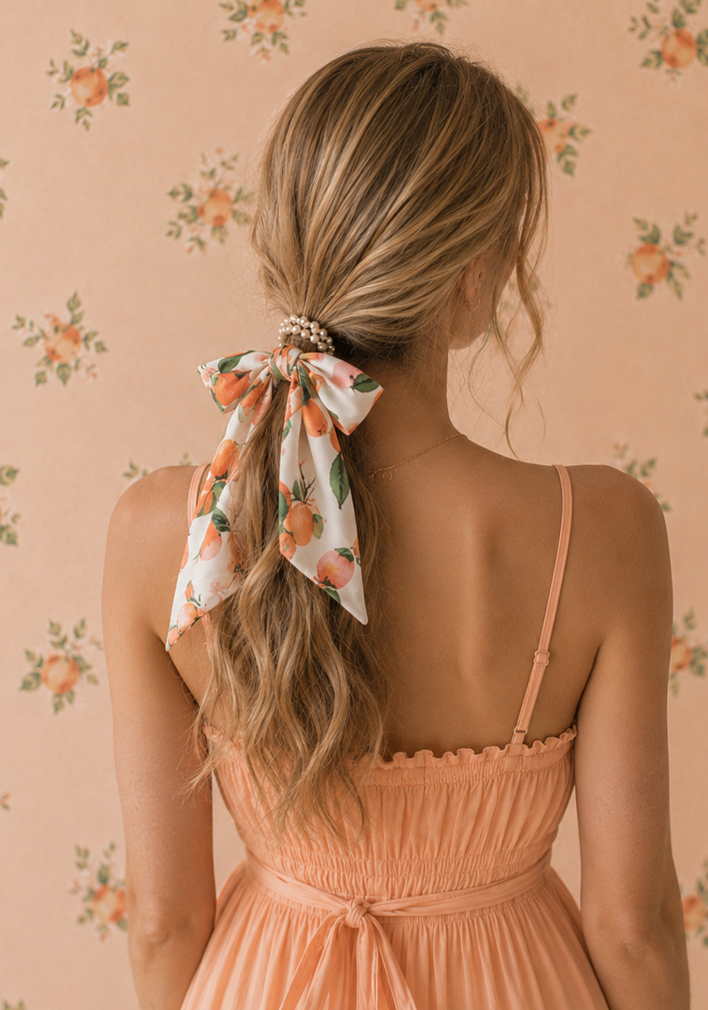 Pearl Beaded Long Bow Hair Tie - Peach