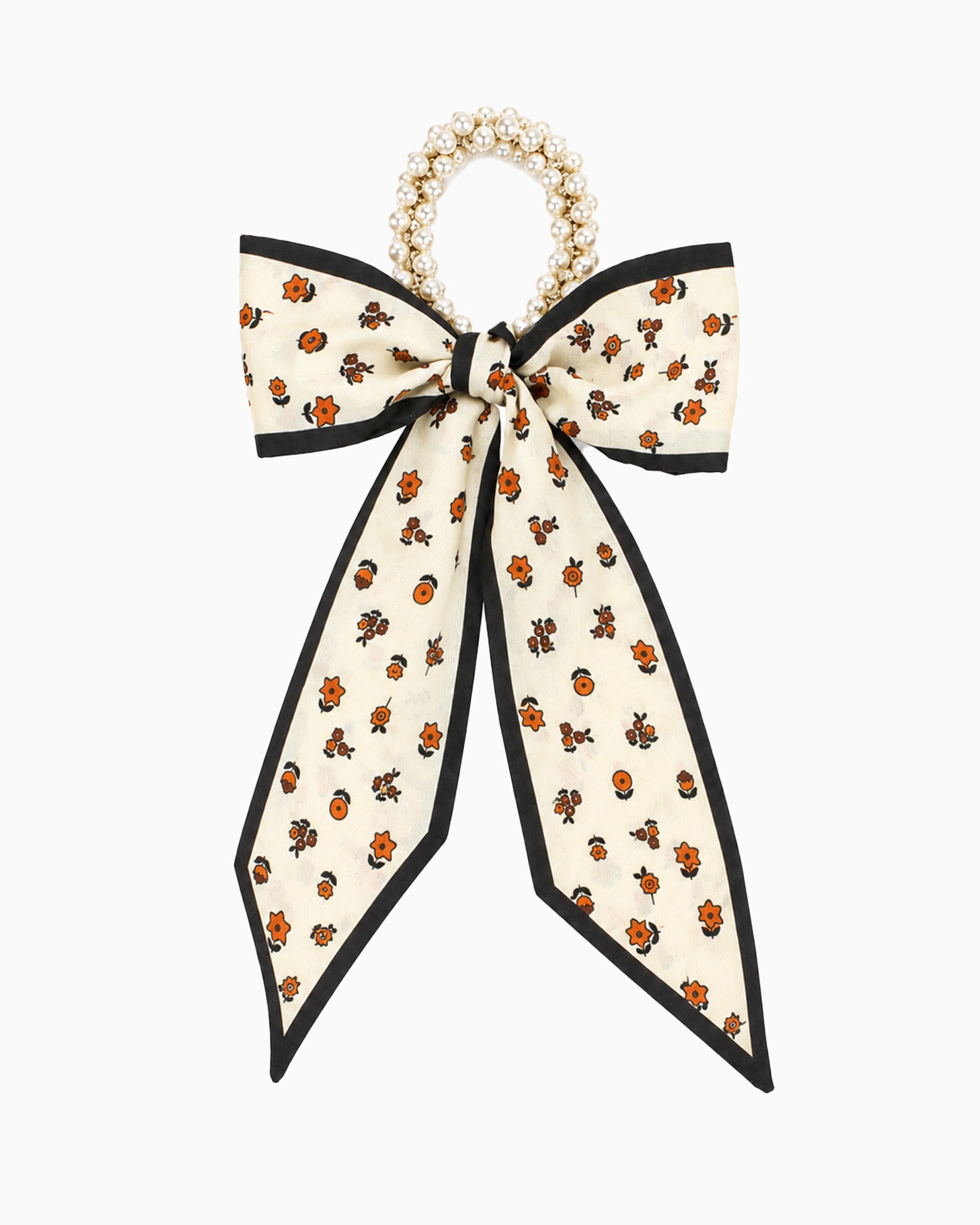 Pearl Beaded Long Bow Hair Tie in the orange ditsy floral print — pearl-beaded ring with a long printed bow
