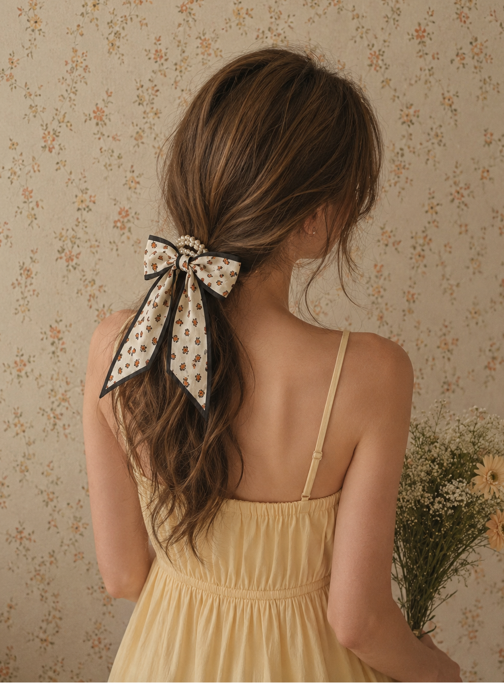 Pearl Beaded Long Bow Hair Tie - Orange Mini Flower