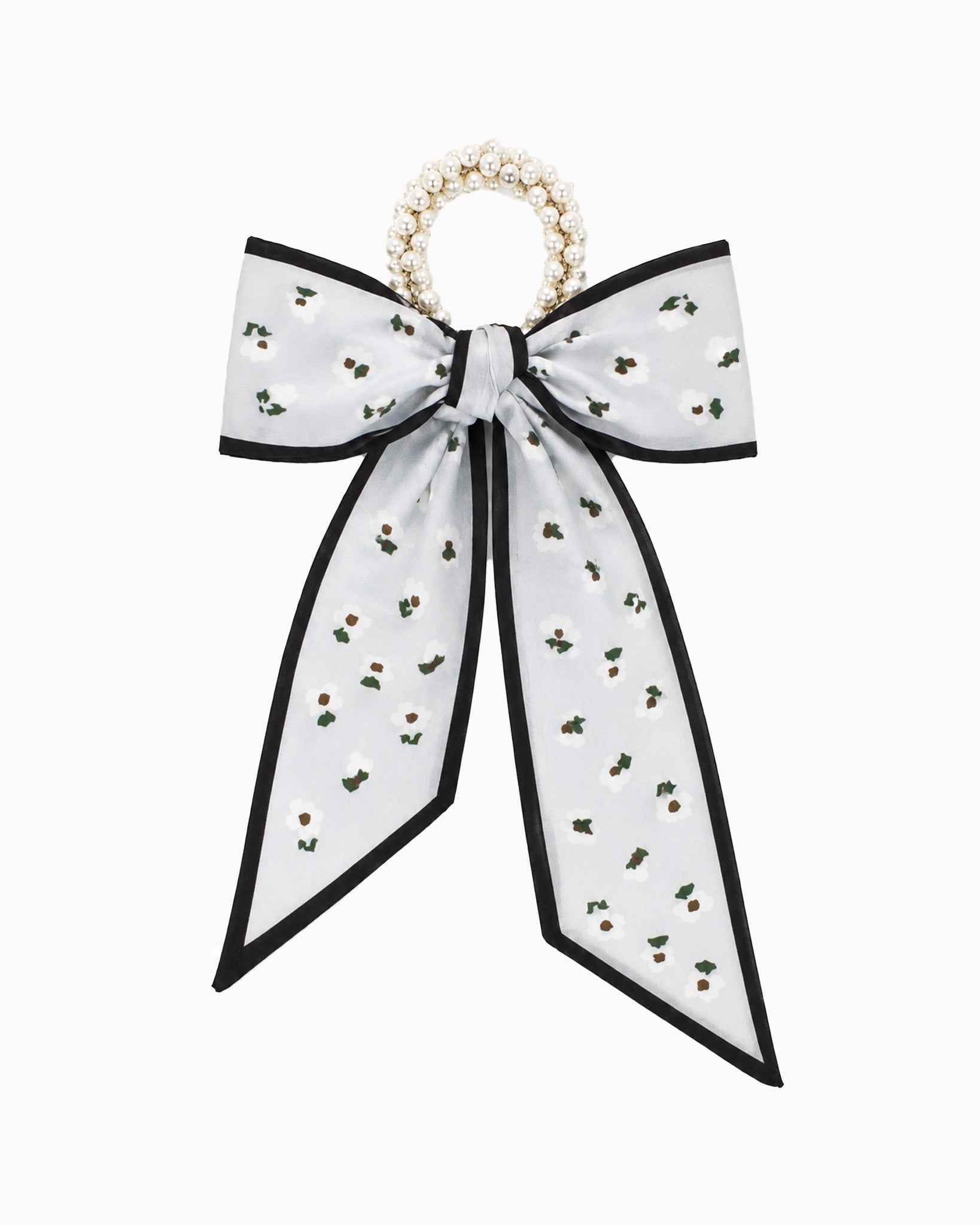 Pearl Beaded Long Bow Hair Tie in the white floral print — pearl-beaded ring with a long printed bow