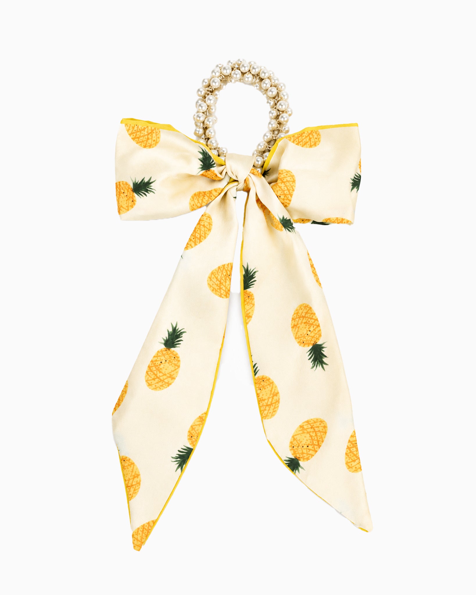 Pearl Beaded Long Bow Hair Tie in the pineapple print — pearl-beaded ring with a long printed bow