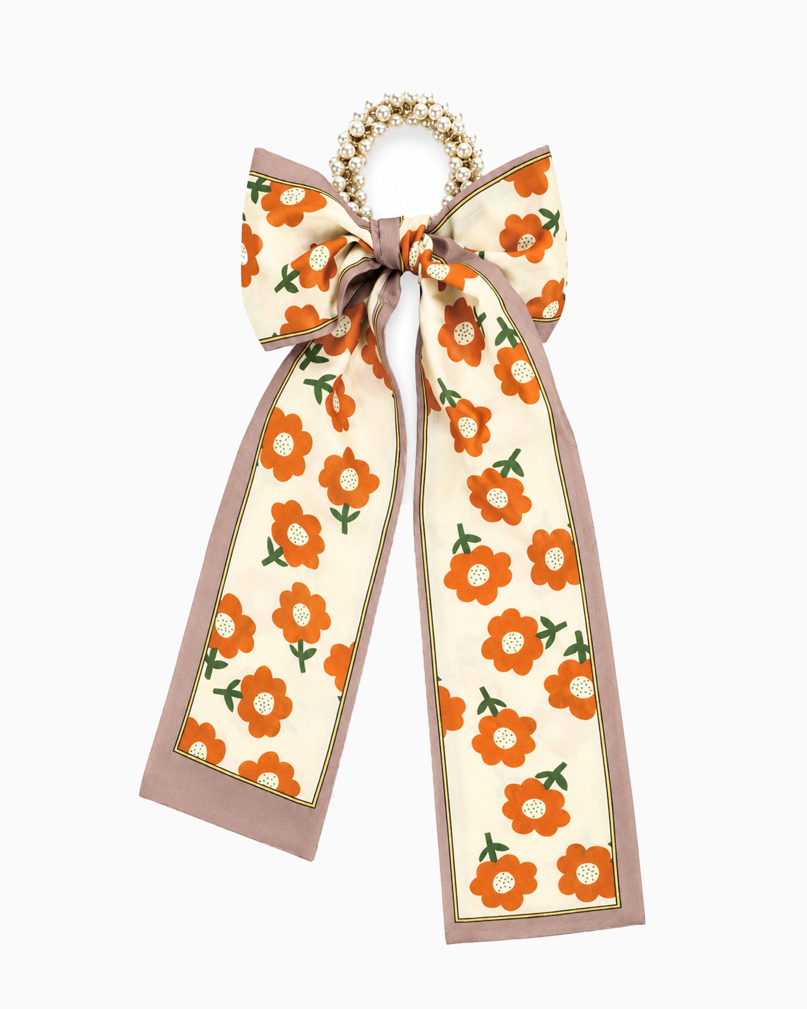 Pearl Beaded Long Bow Hair Tie in the orange floral print — pearl-beaded ring with a long printed bow