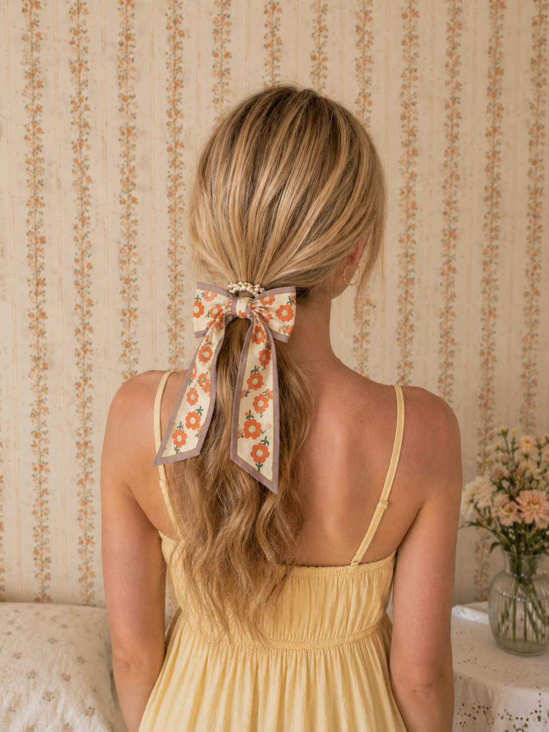Pearl Beaded Long Bow Hair Tie - Orange Flower