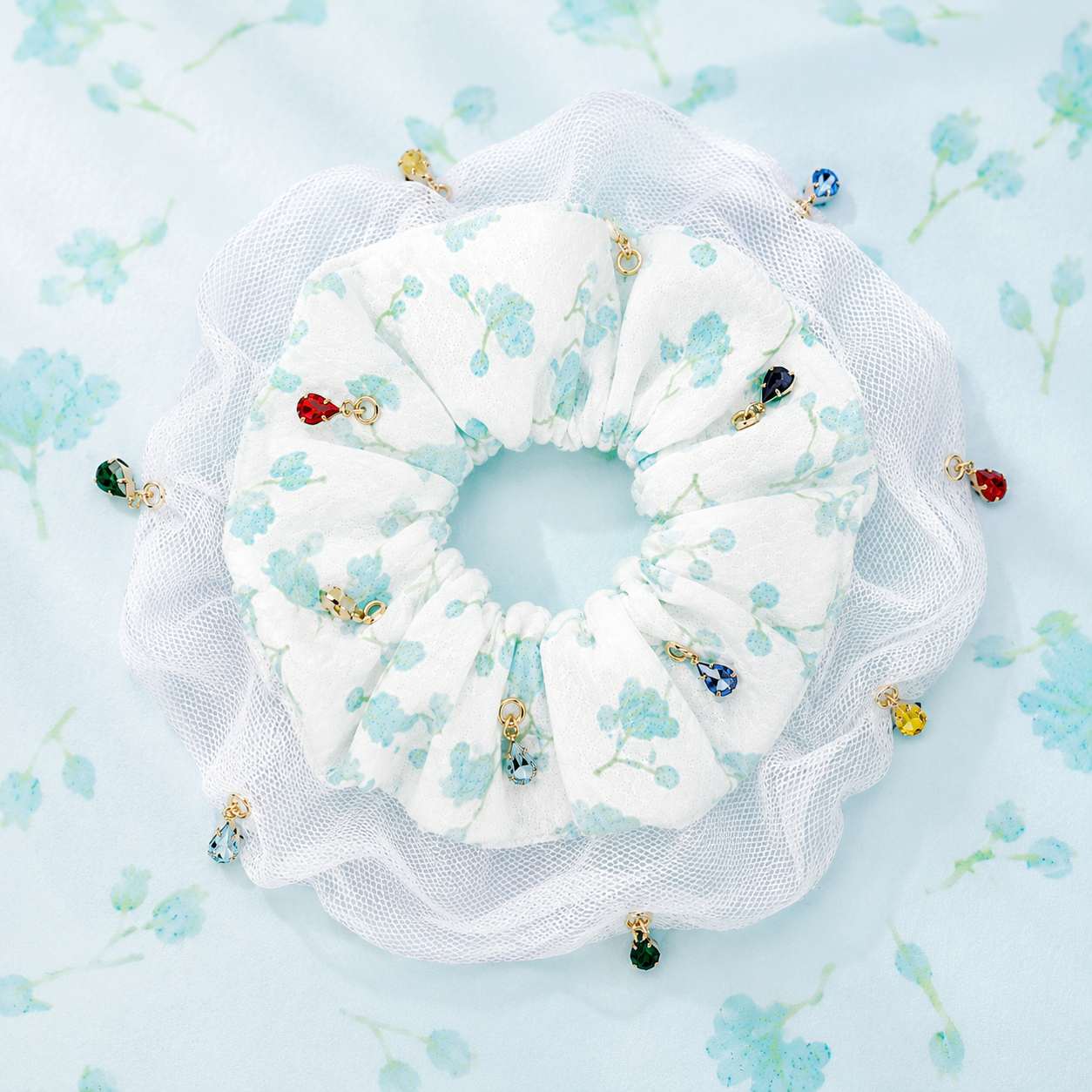 Blue Green Floral Mesh Charm Scrunchie Hair Tie