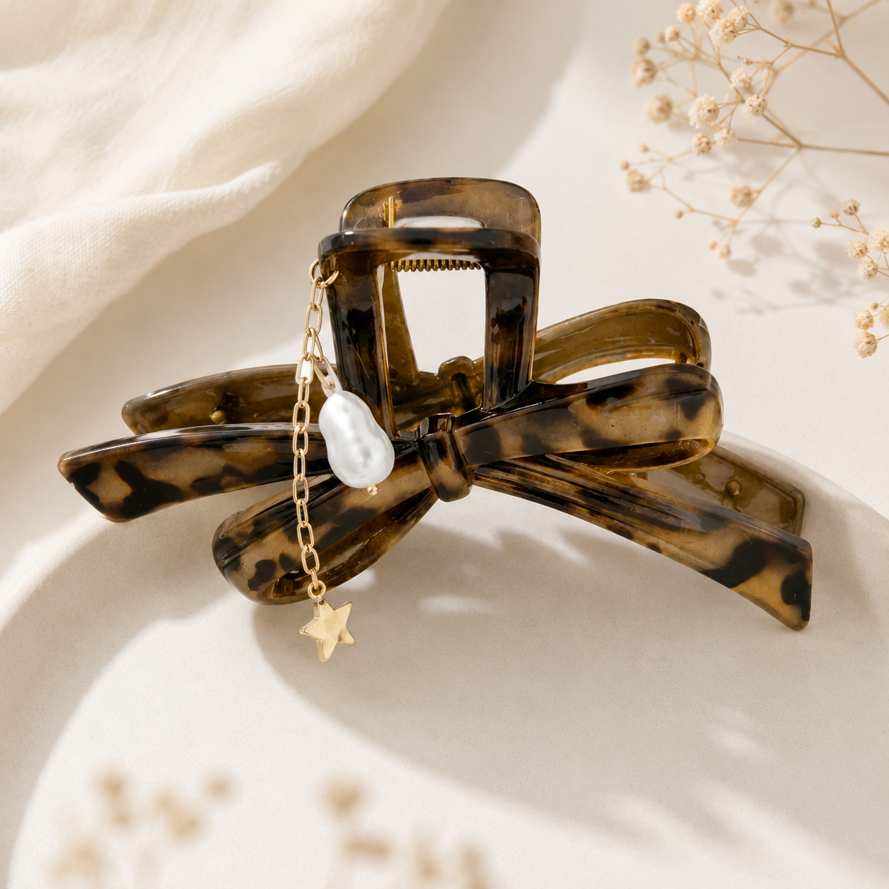 Leopard Tortoiseshell Bow Hair Claw Clip with Pearl Charm