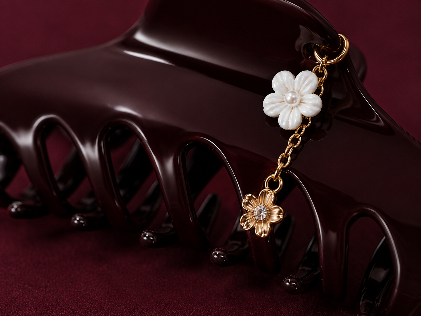 Burgundy Flower Charm Hair Claw Clip-3