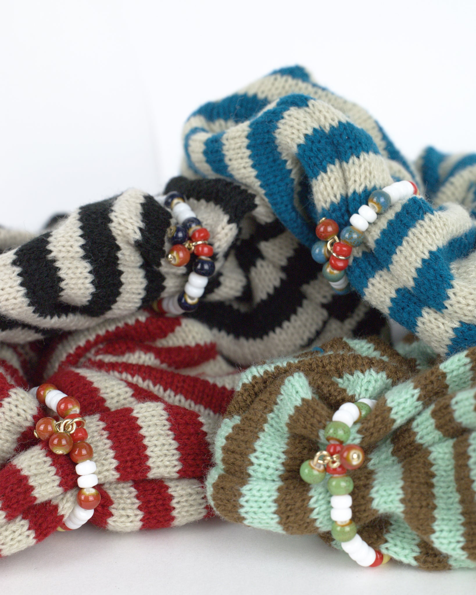 Striped Knit Fabric Beaded Scrunchie Hair Tie-8