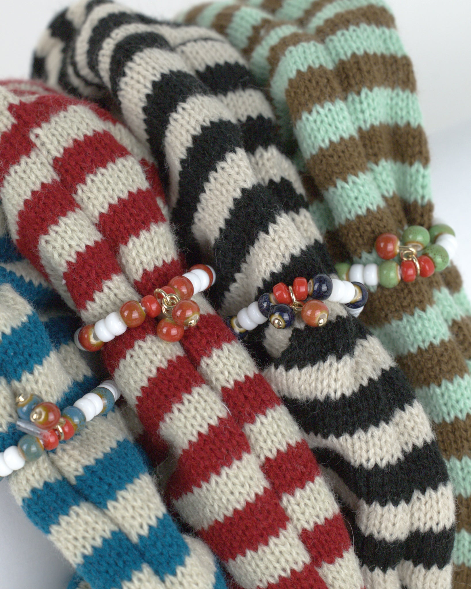 Striped Knit Fabric Beaded Scrunchie Hair Tie-7