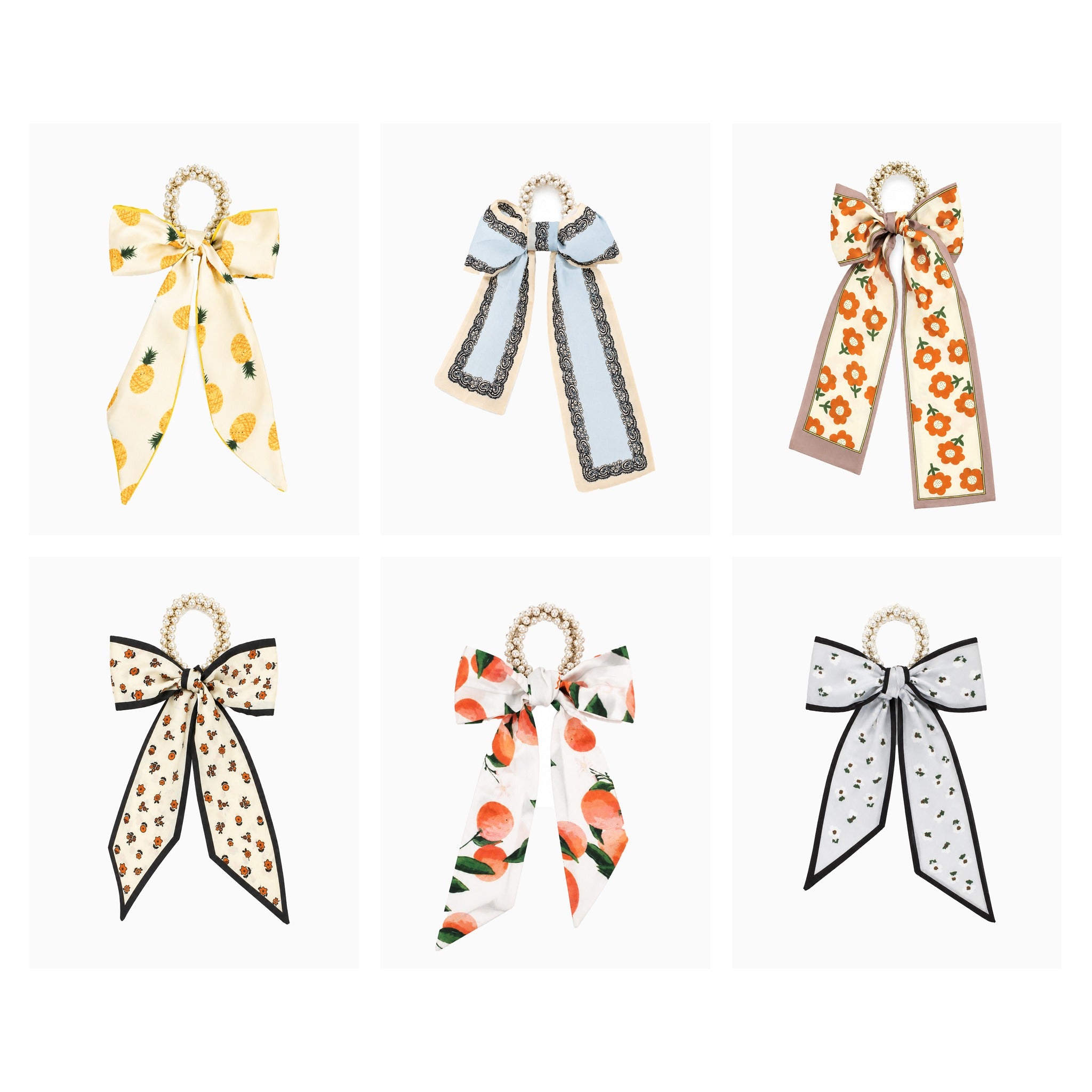 Pearl Beaded Long Bow Hair Tie shown in all six prints: pineapple, blue paisley, orange floral, orange ditsy floral, peach, and white floral
