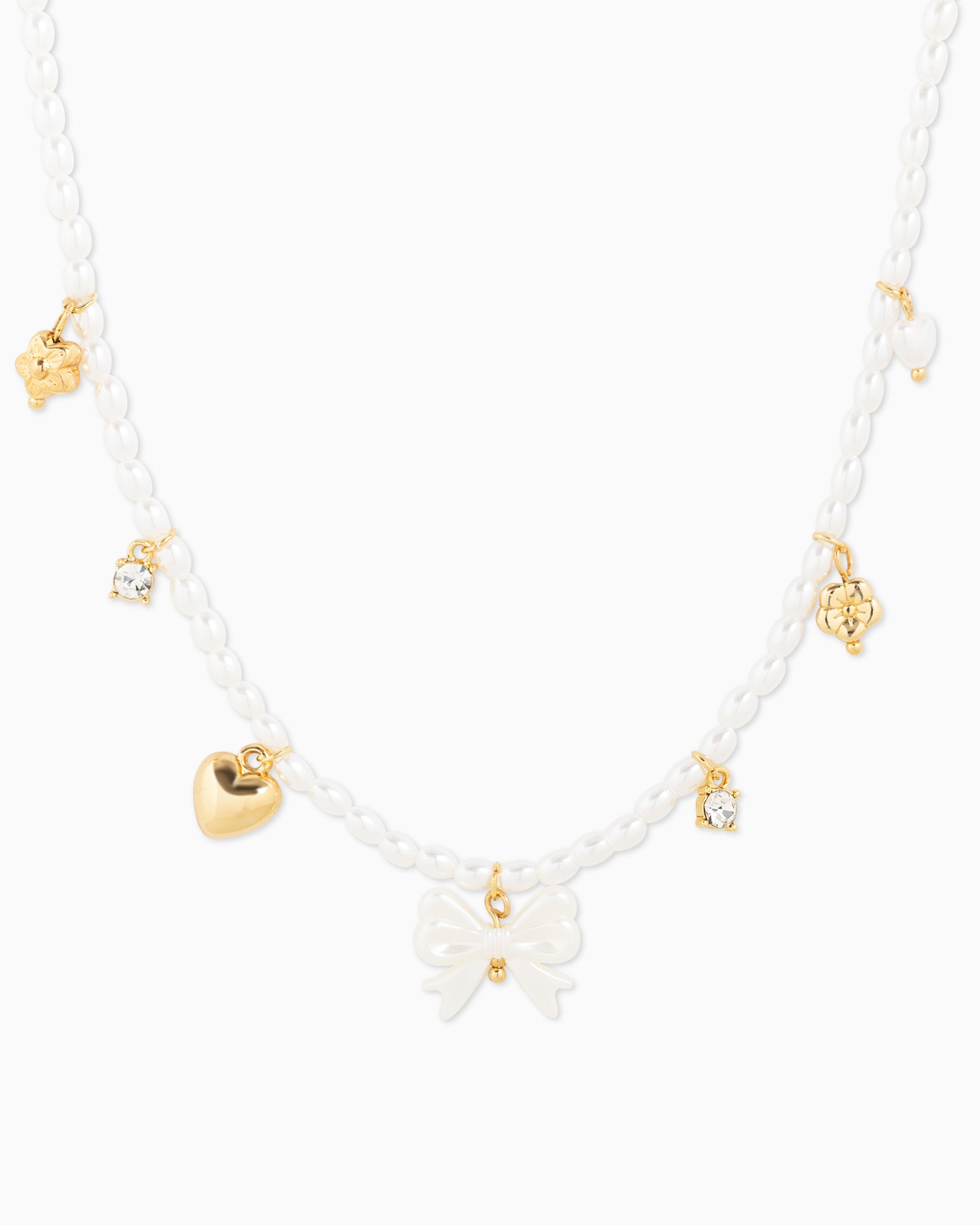 White Bow Seven Valentine's Charm Pearl Necklace