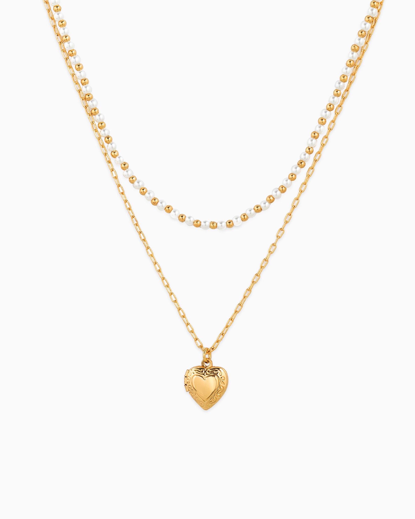 Vintage Heart Locket Pearl Gold Bead Layered Chain Necklace