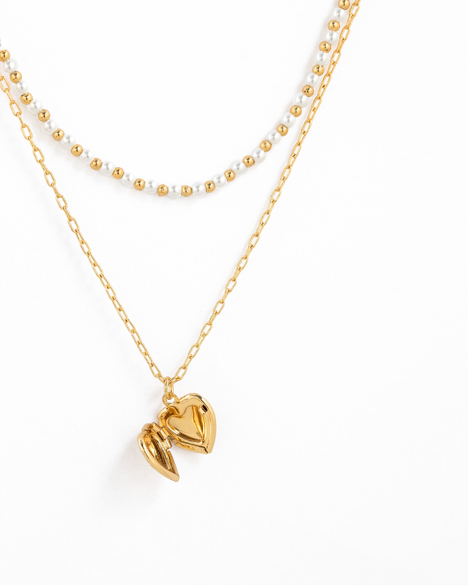 Vintage Heart Locket Pearl Gold Bead Layered Chain Necklace