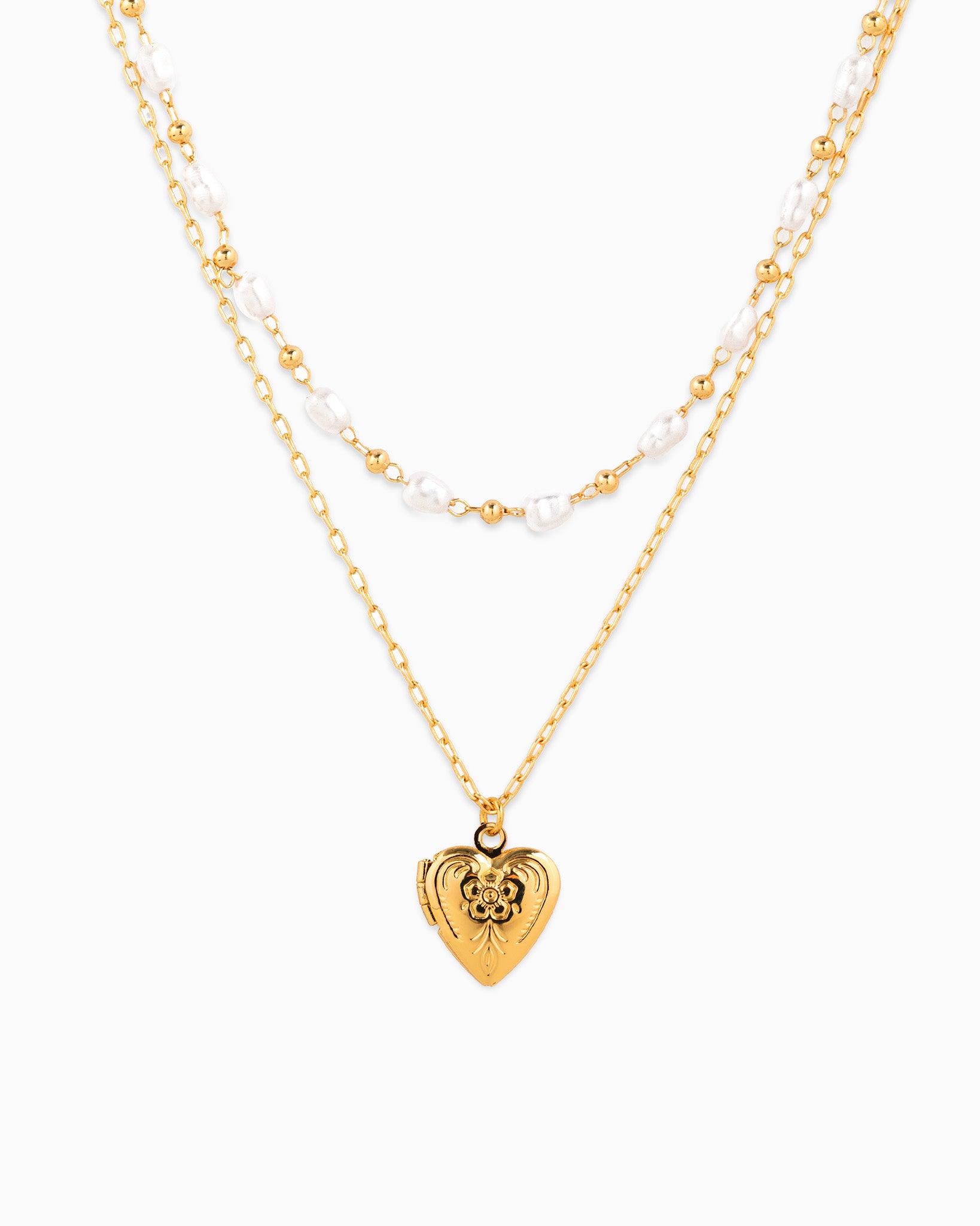 Intricate Heart Locket Oval Pearl Bead Layered Necklace