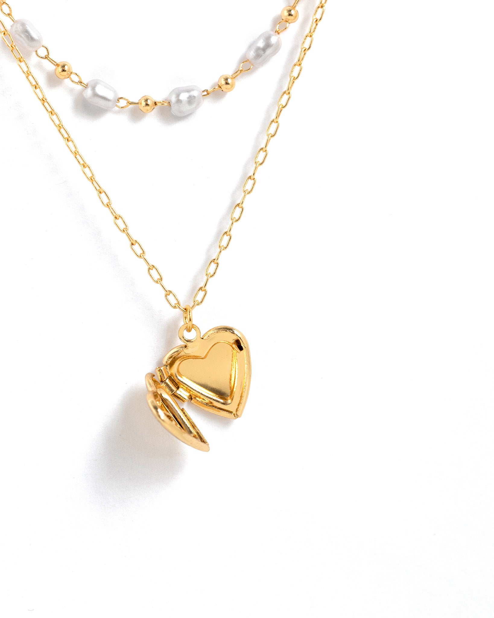 Intricate Heart Locket Oval Pearl Bead Layered Necklace