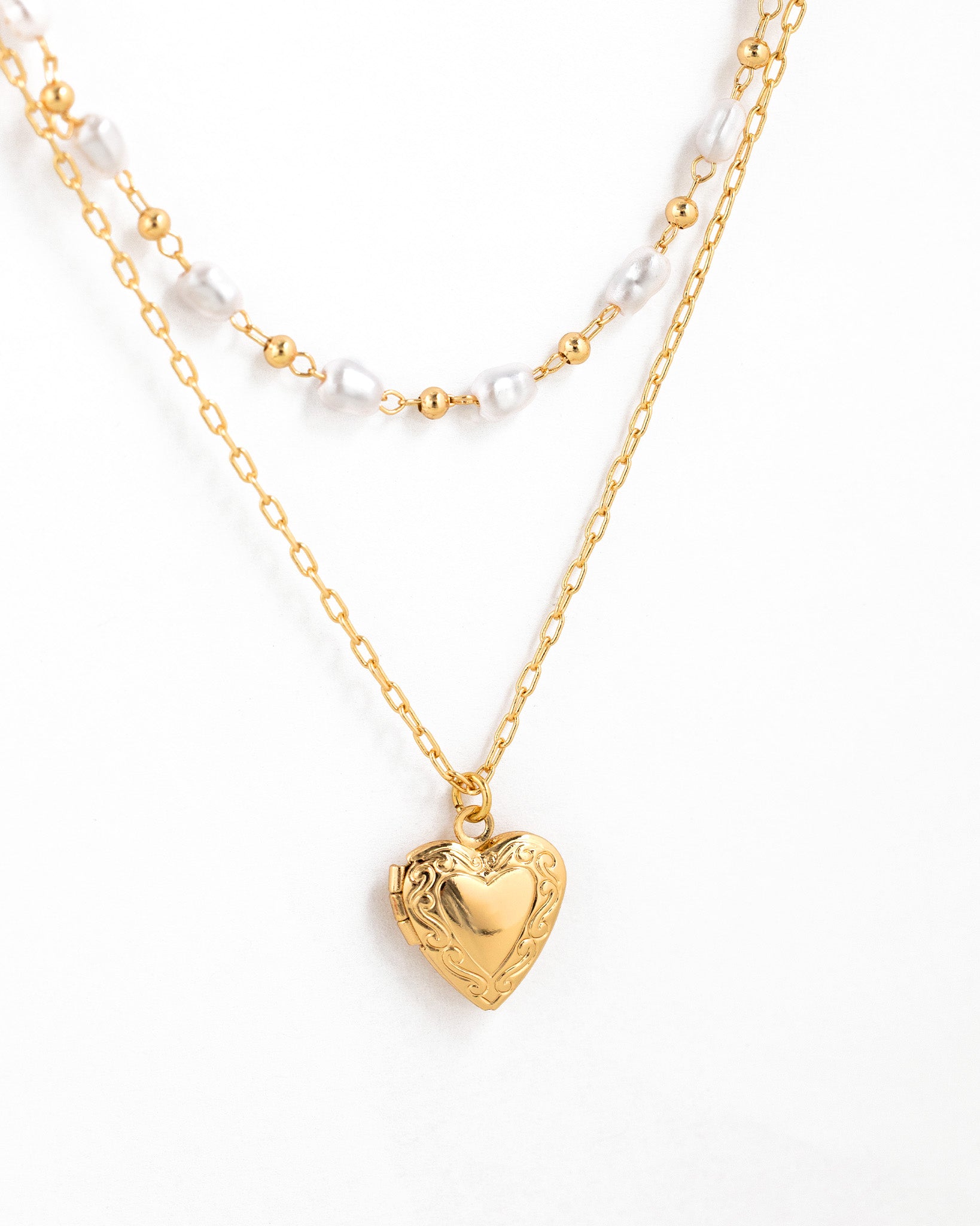 Vintage Heart Locket Oval Pearl Bead Layered Necklace