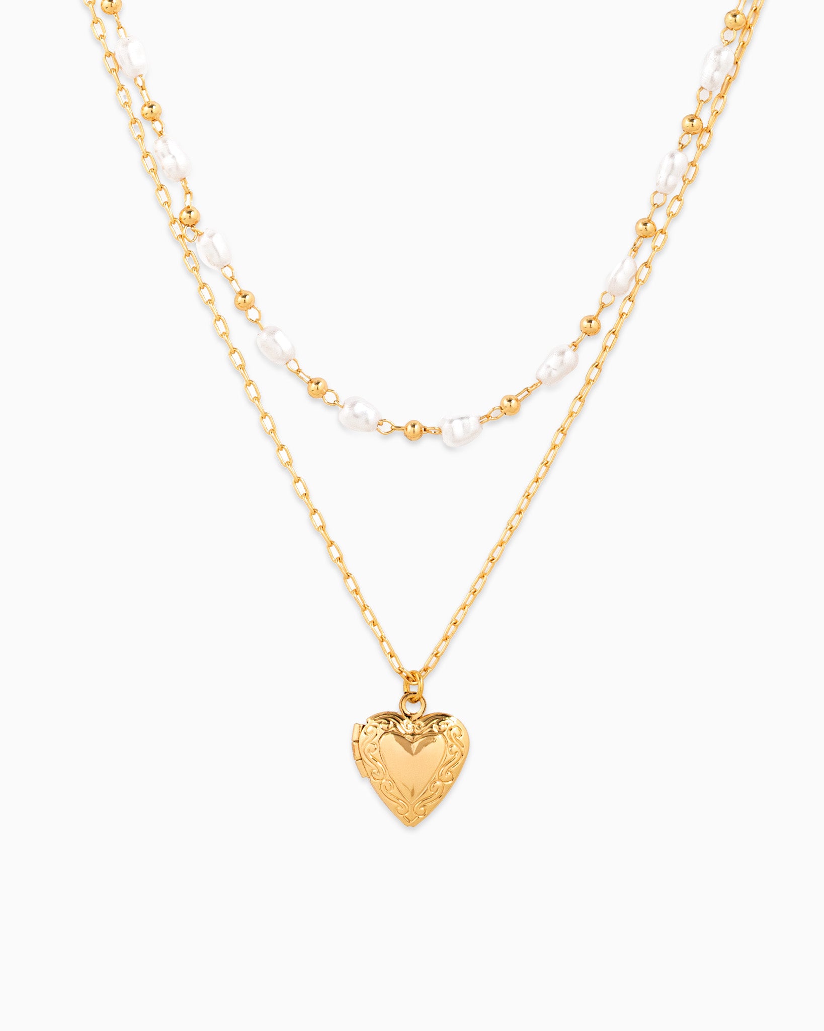 Vintage Heart Locket Oval Pearl Bead Layered Necklace