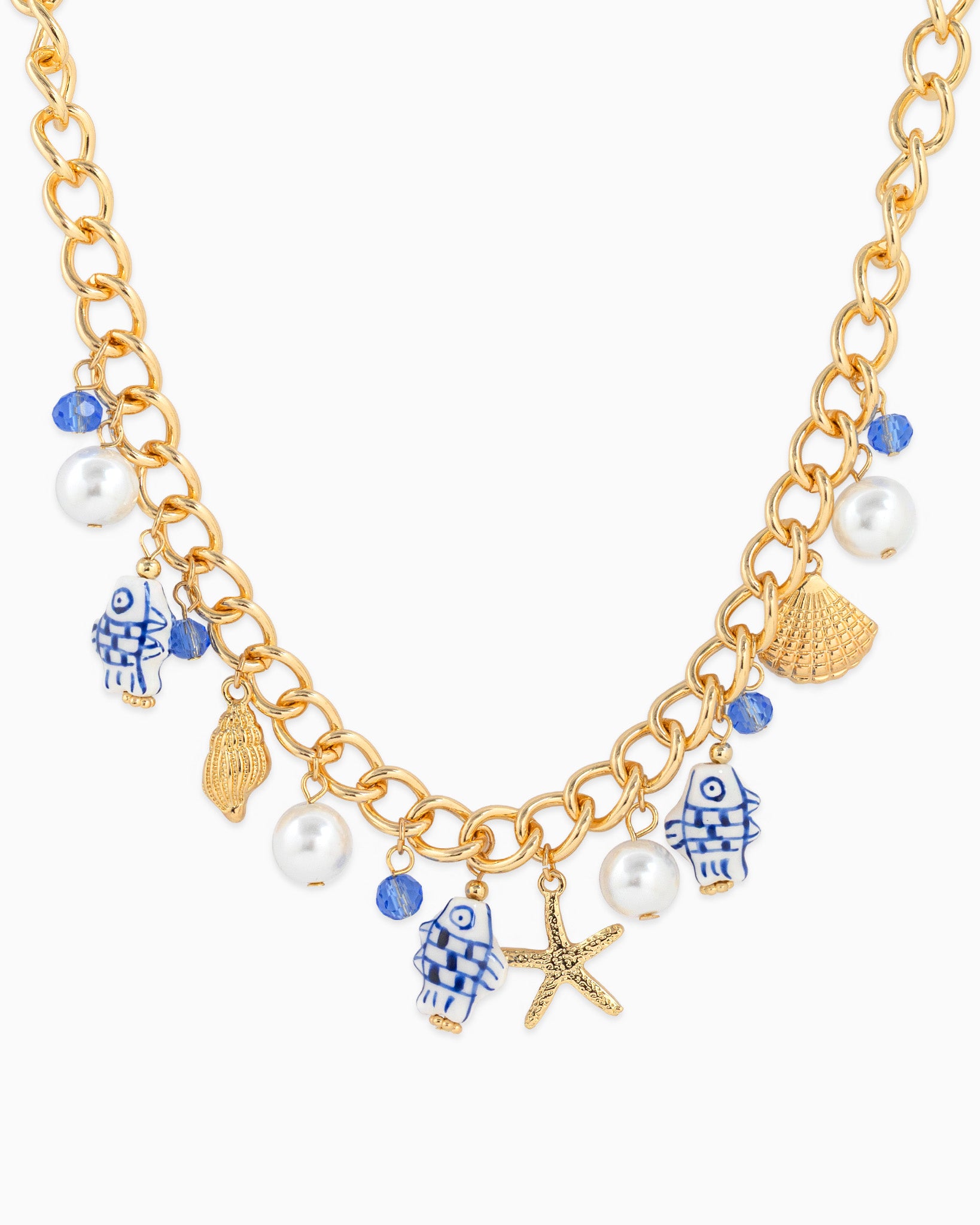 Sea Life Marine Blue Fish Ceramic Charm Necklace - Gold