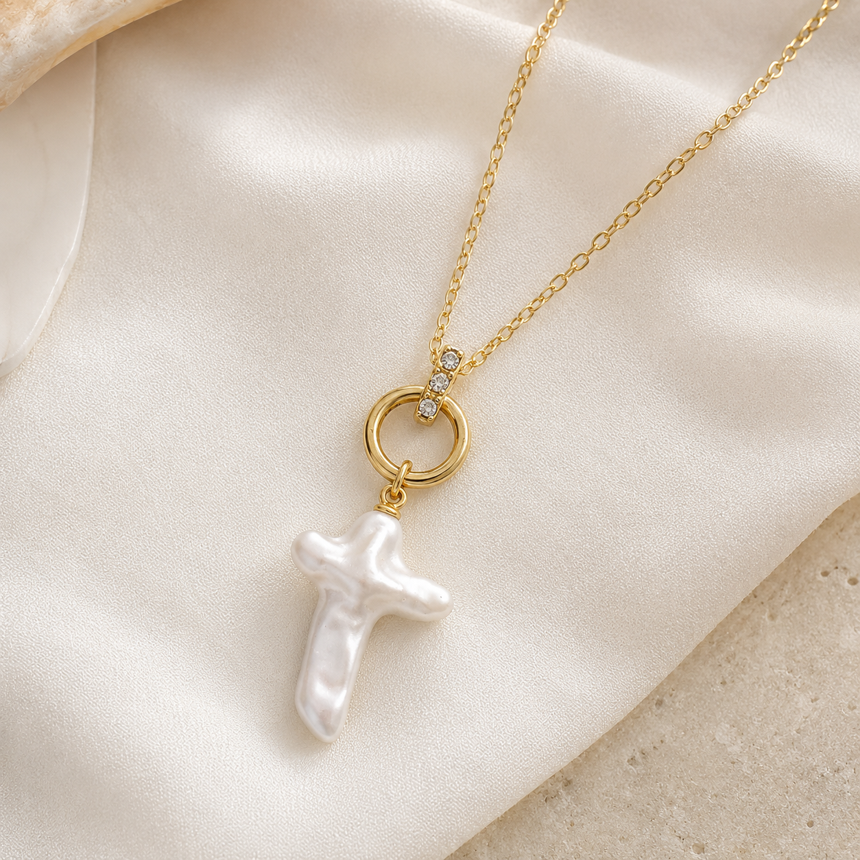 Pearl Cross Link Pendant Necklace-2