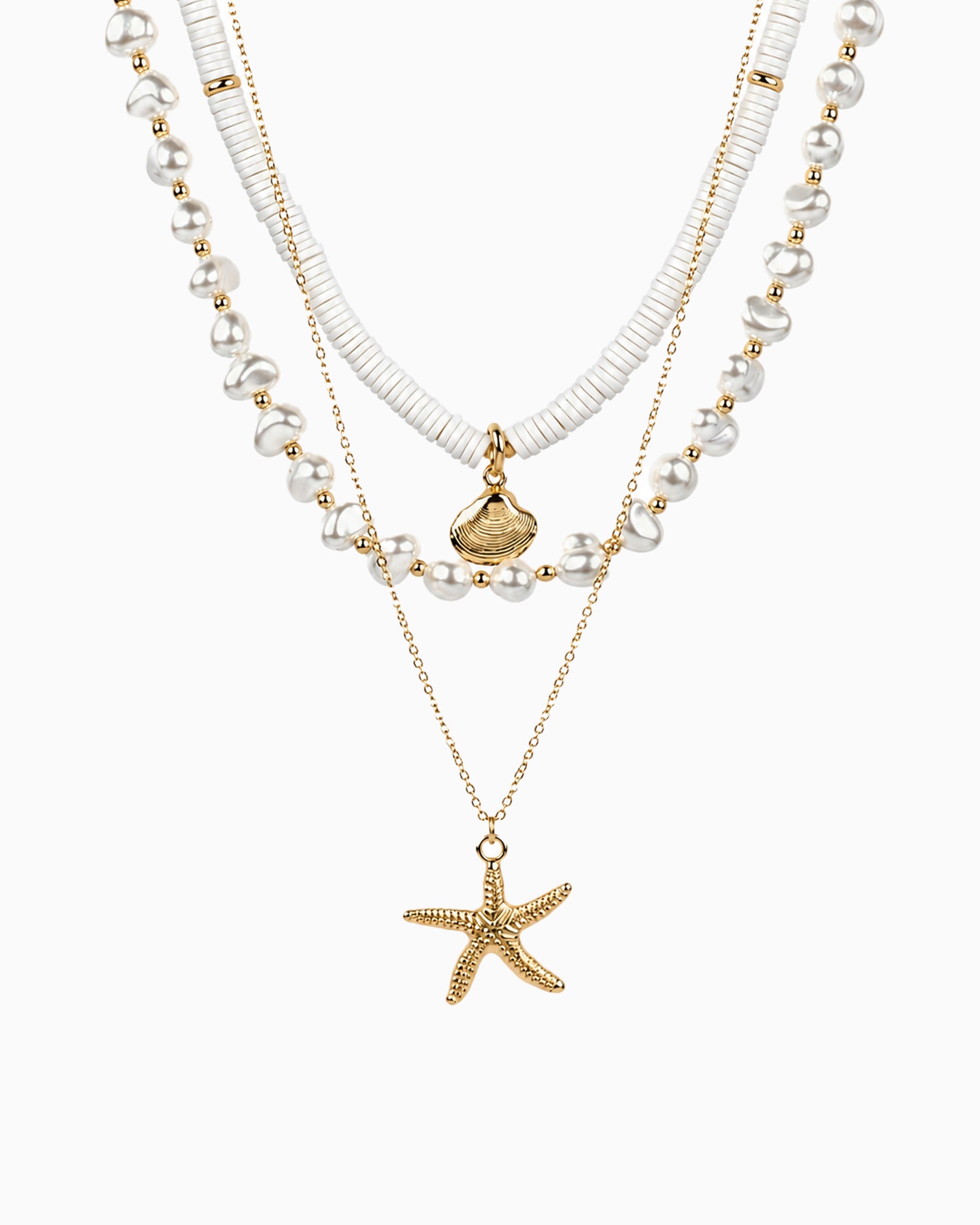 Coastal 3 Layered Pearl Shell Starfish Necklace