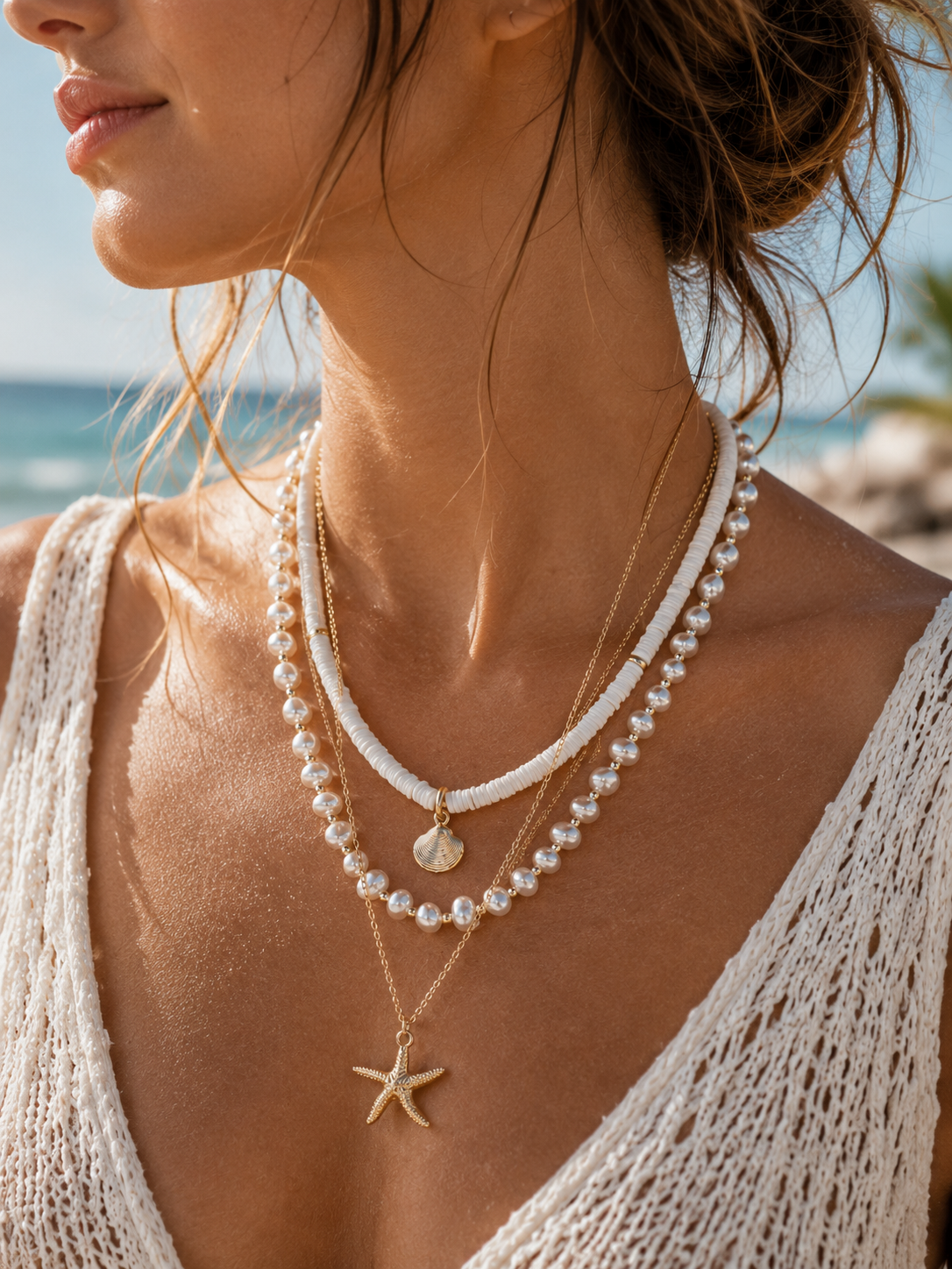 Coastal 3 Layered Pearl Shell Starfish Necklace