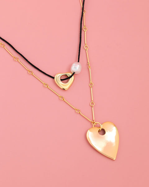 Layered Cord Pearl Heart Necklace