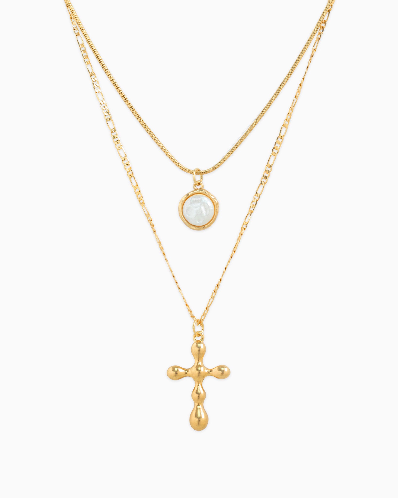 2 Layered Organic Pearl Cross Necklace