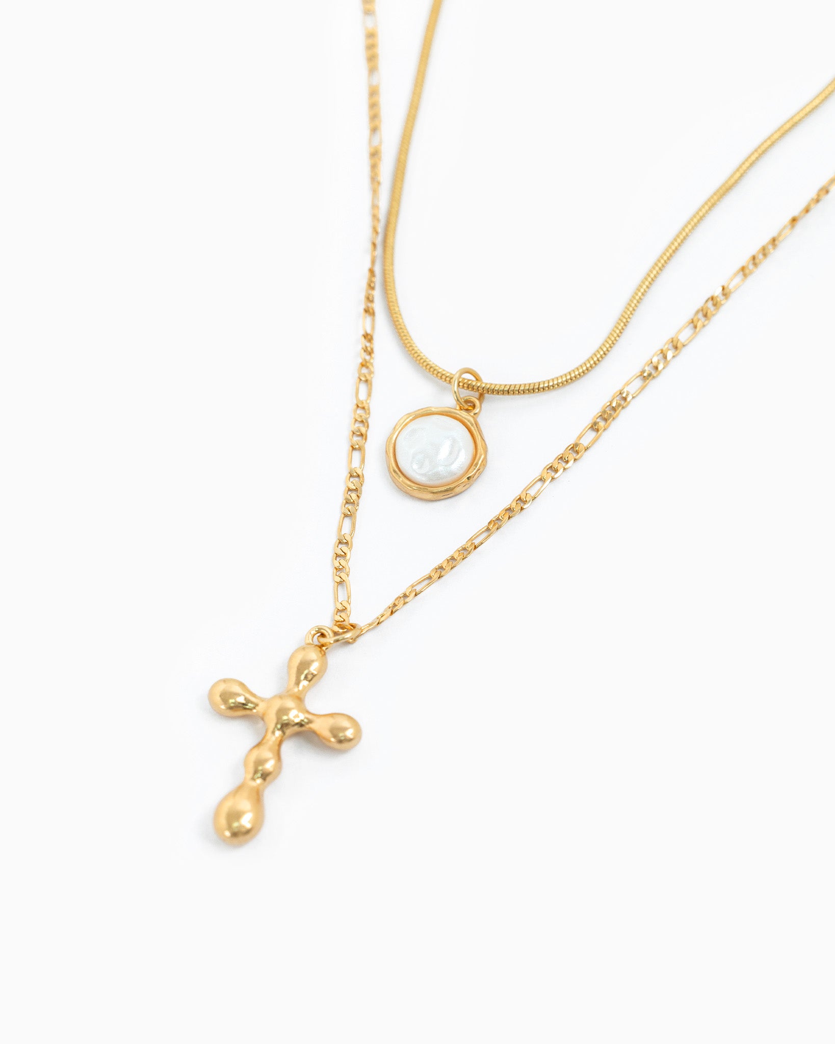 2 Layered Organic Pearl Cross Necklace