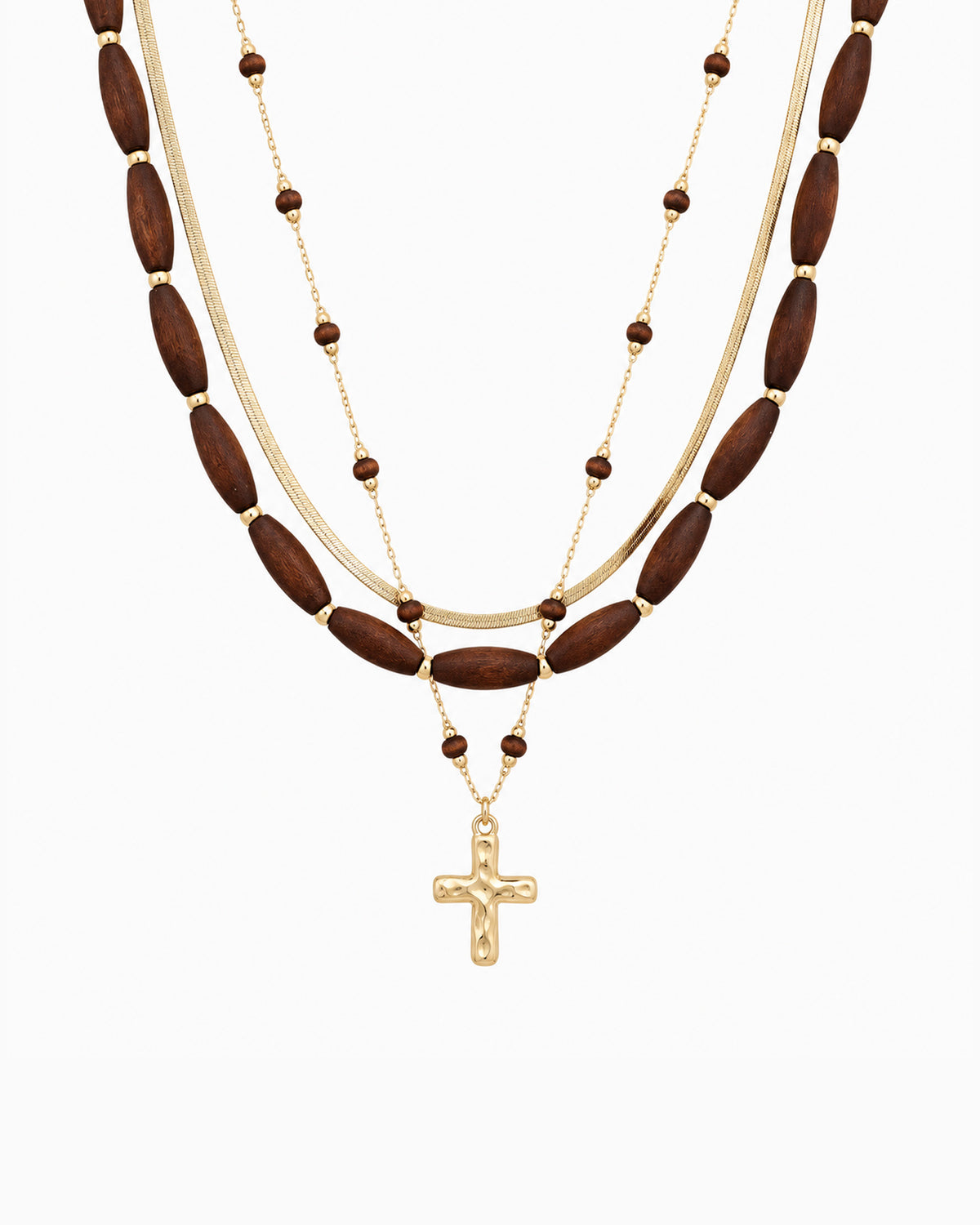 3 Layered Cross Wood Beaded Necklace