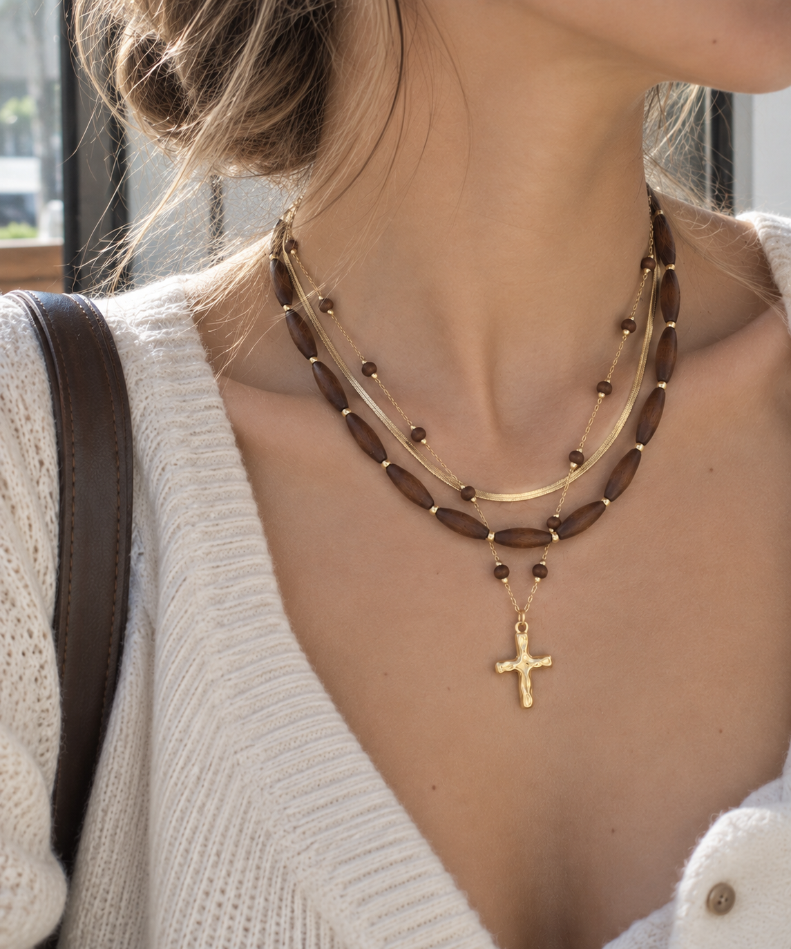 3 Layered Cross Wood Beaded Necklace