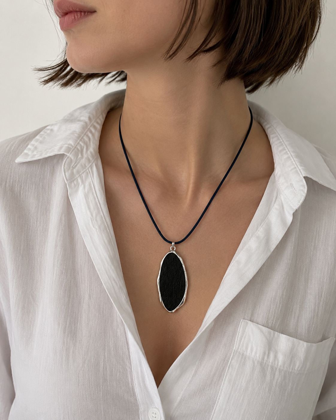 Organic Oval Wood Pendant Cord Necklace-1