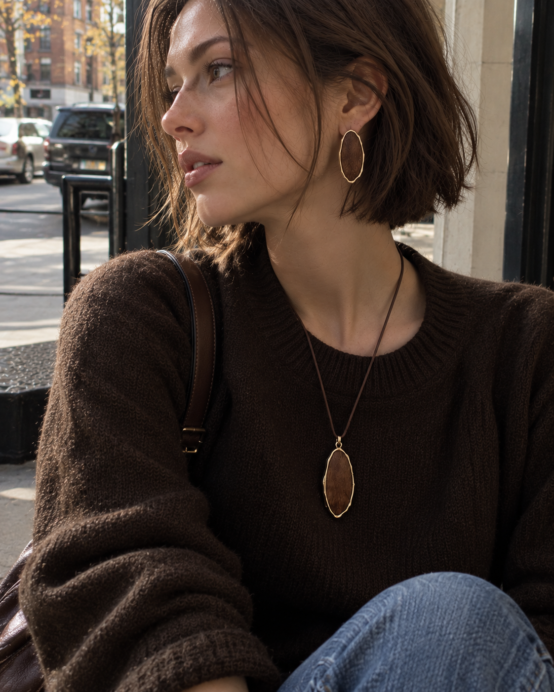 Organic Natural Wood Pendant Cord Necklace