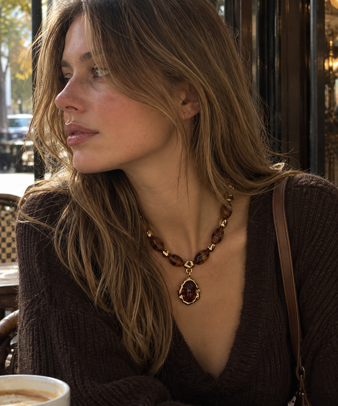Amber Glow Marbled Bead Pendant Necklace-1