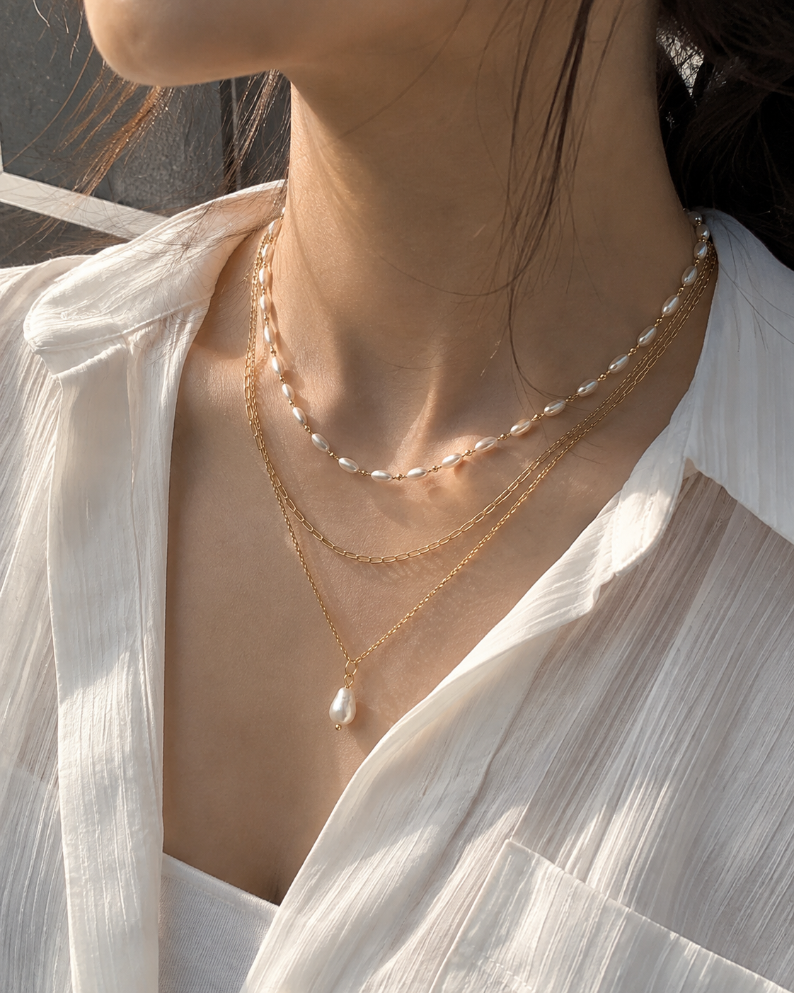 Layered Stainless Steel Pearl Pendant Necklace-2