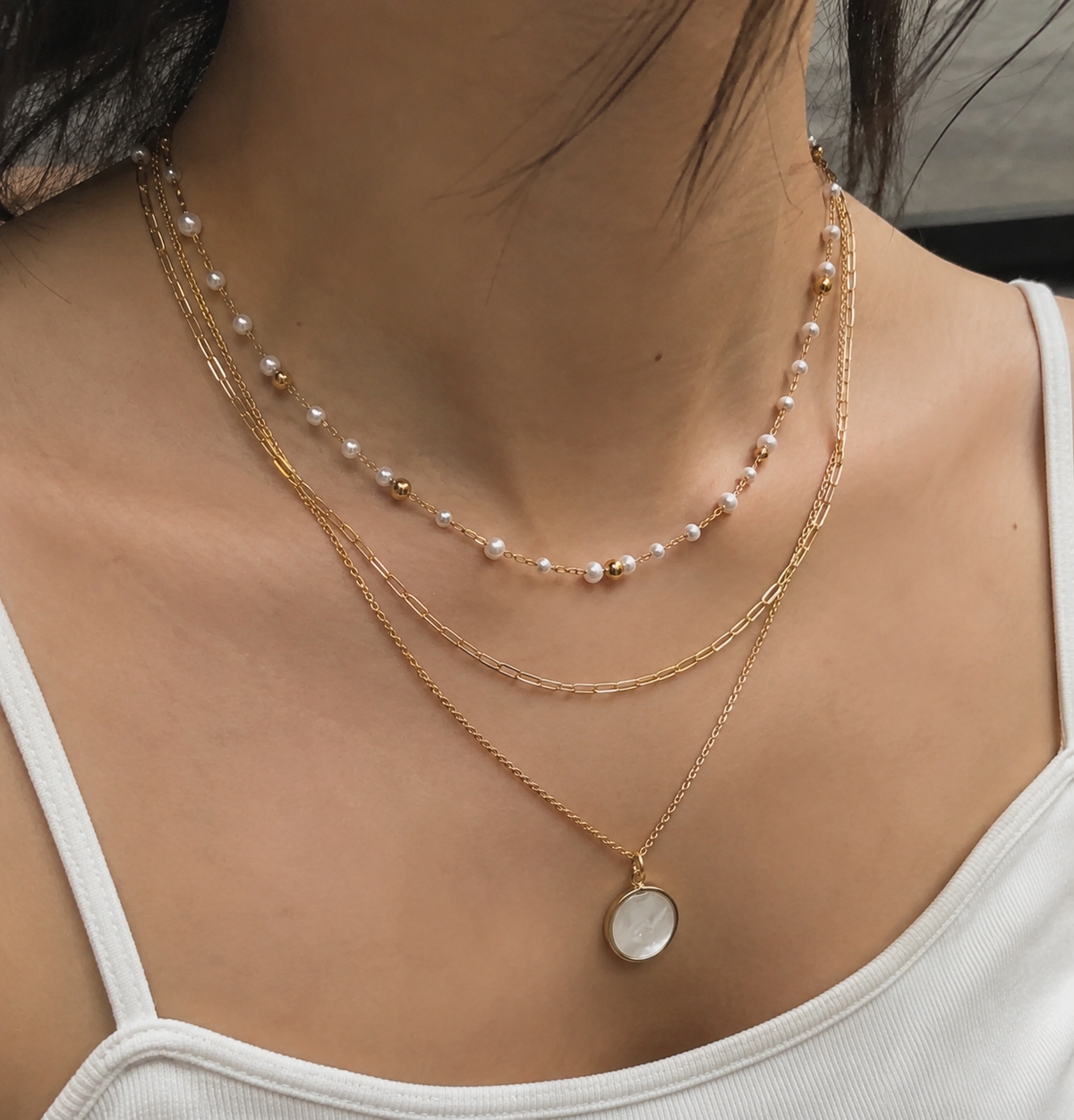 Layered Stainless Steel Pearl Disc Pendant Necklace-1