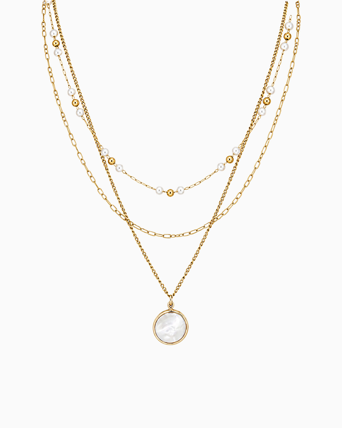 Layered Stainless Steel Pearl Disc Pendant Necklace-2