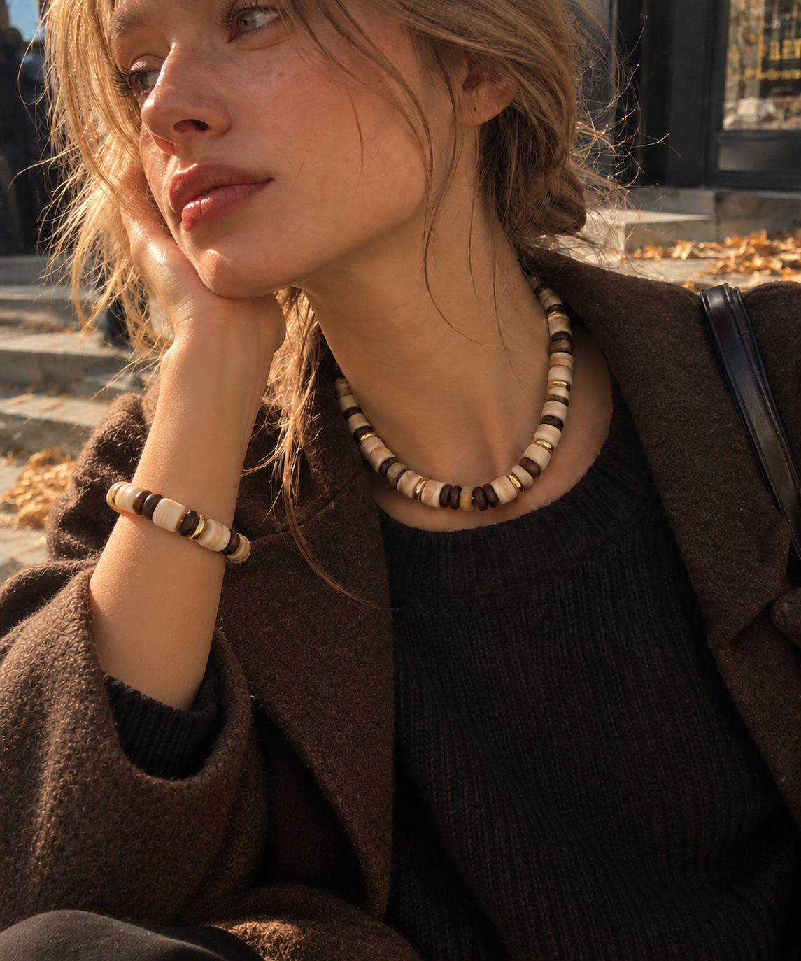 Set - Mixed Stone Gold Beaded Necklace & Stretch Bracelet
