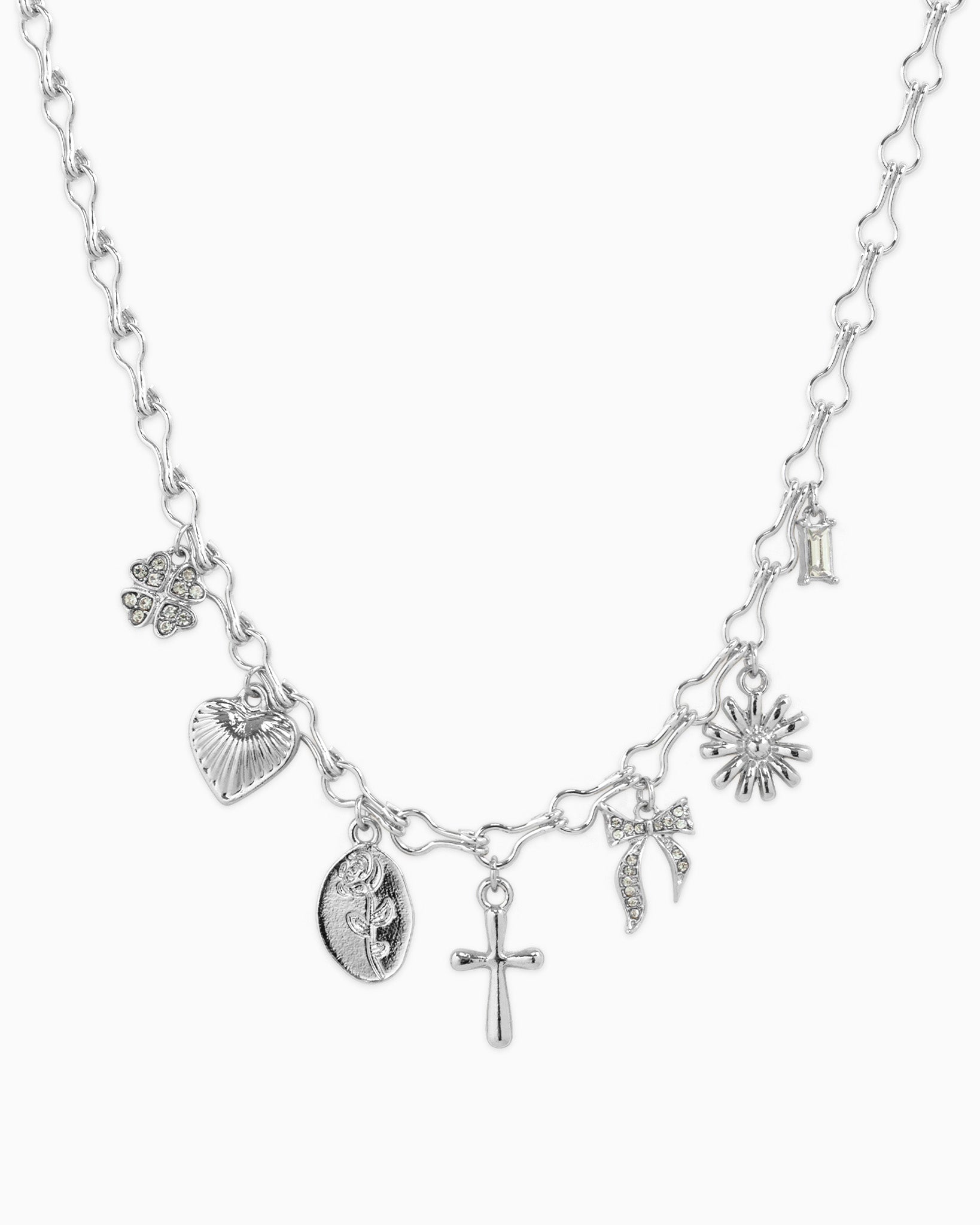 Chunky Cross Bow Multi Charm Necklace