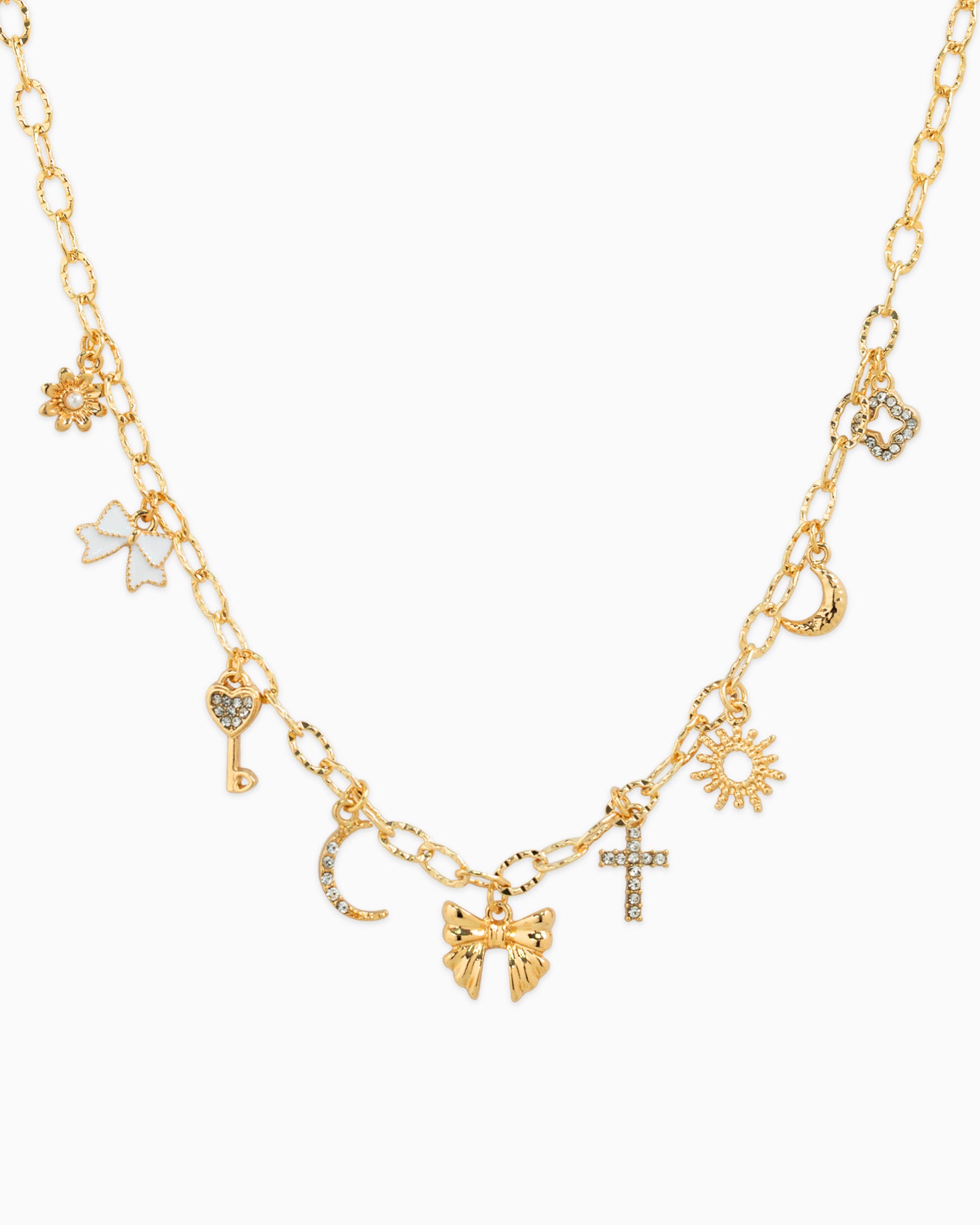 Twist Bow Sunburst Multi Charm Necklace