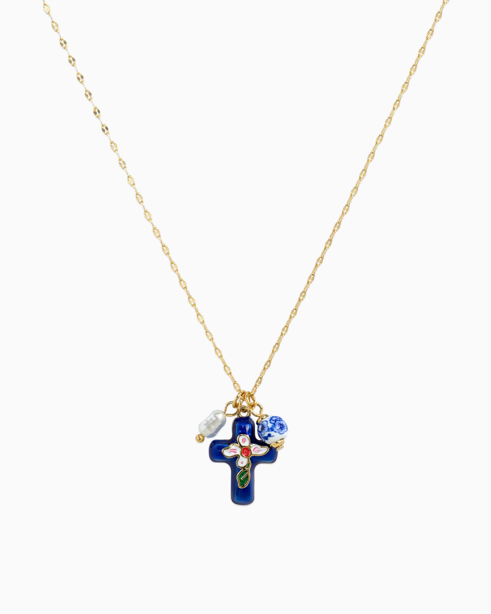 Porcelain Inspired Vintage Floral Cross Necklace